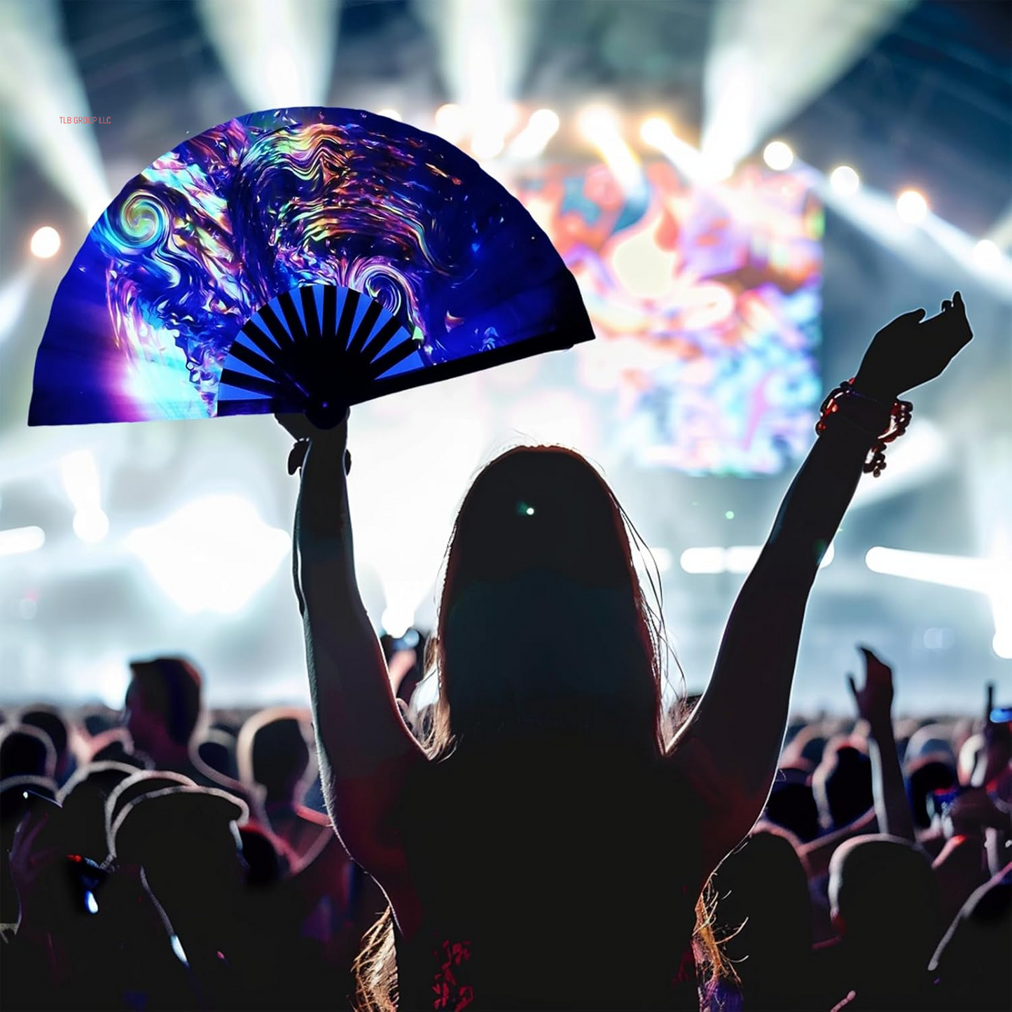 13‘’ UV Glow Large Rave Fan for Men Women, Popping Fan for Line Dancing, Decorative Folding Hand Fan for Party, Home Decoration, Gift, Music Festival Essential, EDM Rave Accessories (Waves)