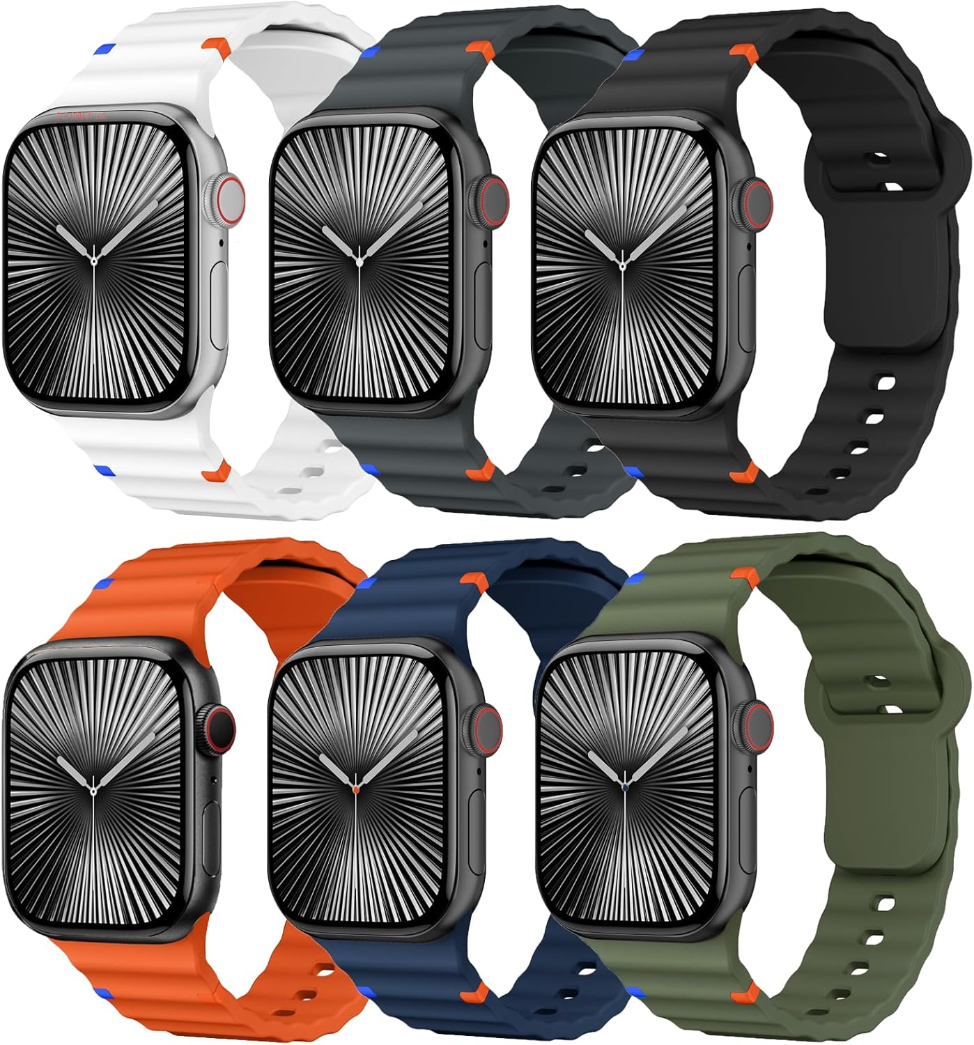 Sport Band for Apple Watch Ultra/2 Bands 49Mm 46Mm 45Mm 44Mm 42Mm 41Mm 40Mm 38Mm for Men Women,Waterproof Soft Silicone Strap Wristband for Iwatch Series 10 9 8 7 6 5 4 3 SE/2 41 45 40 44 Mm,6 Pack