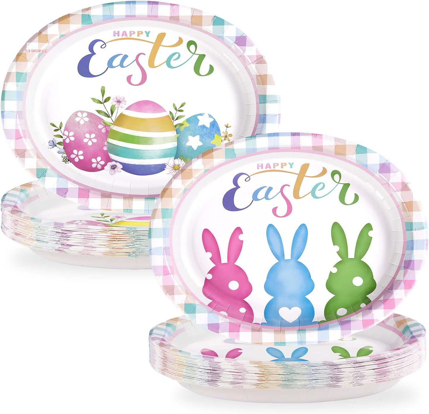 50Pcs Easter Oval Paper Plates 10" X 12" Large Disposable Heavy Duty Color Easter Buffalo Plaid Checkered Paper Platters Spring Rainbow Dessert Plates for Holiday Dinner Birthday Party Supplies