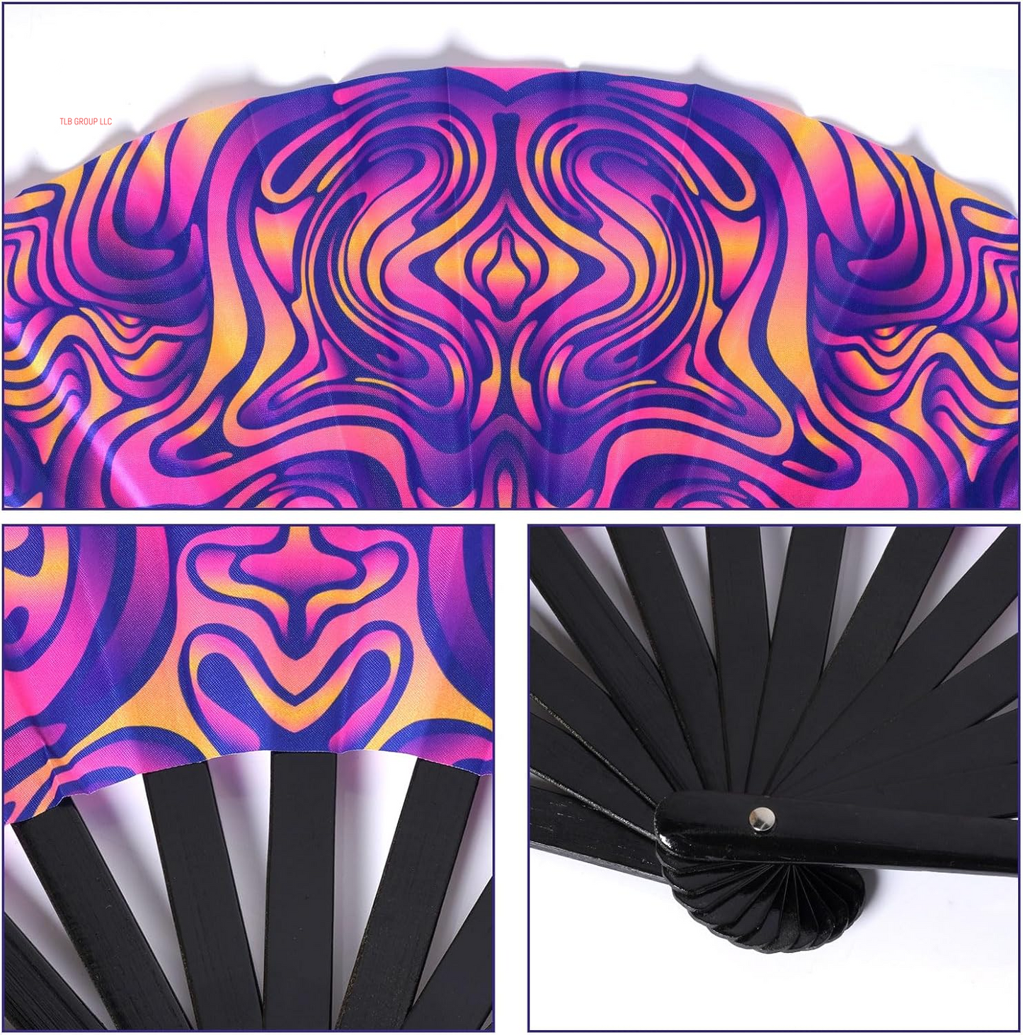 UV Glow Rave Fan Large Handheld Folding 13 Inch Bamboo Festival Foldable Clack Popping Fan for Line Dancing Men and Women (Ripple)
