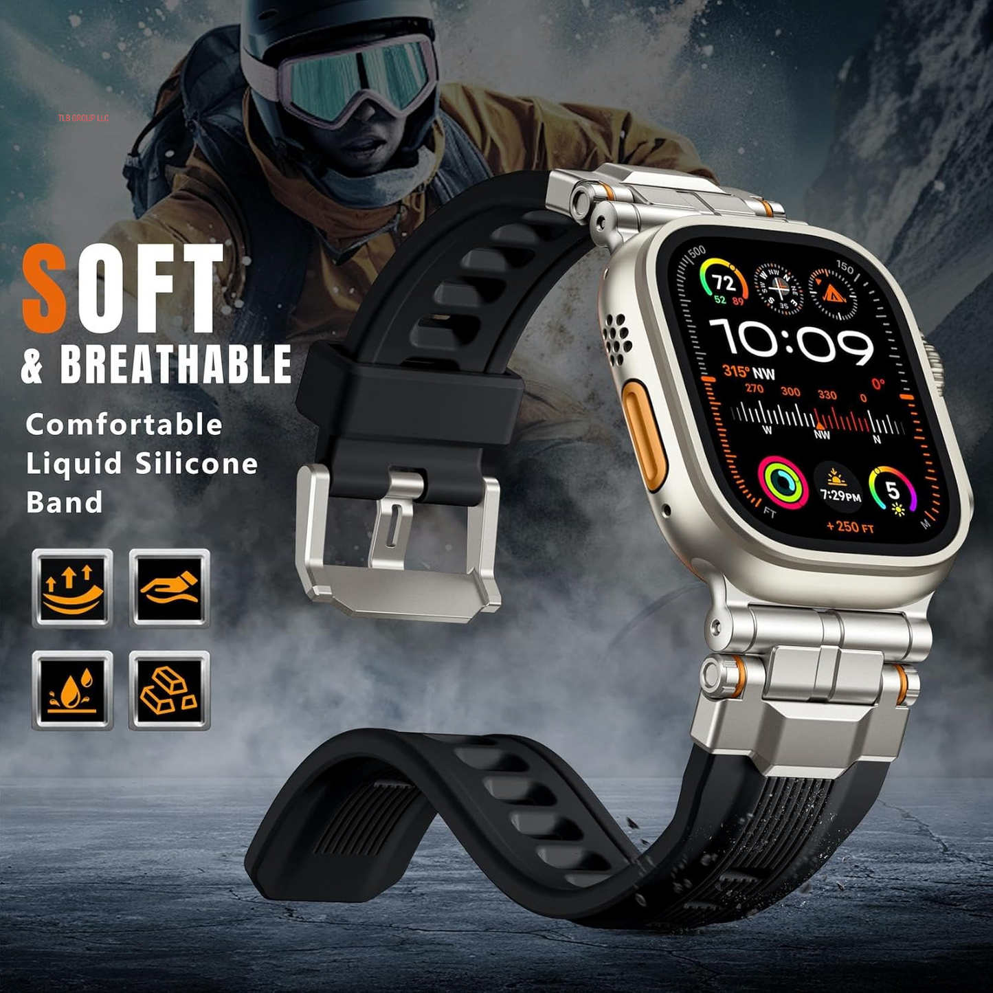 Compatible with Apple Watch Ultra 2 Band - 49Mm 46Mm 45Mm 44Mm 42Mm (Series 3 2 1) Bands for Men, Sport Rugged Silicone Strap with Metal Connector for Iwatch Series SE 10 9 8 7 6 5 4, Black