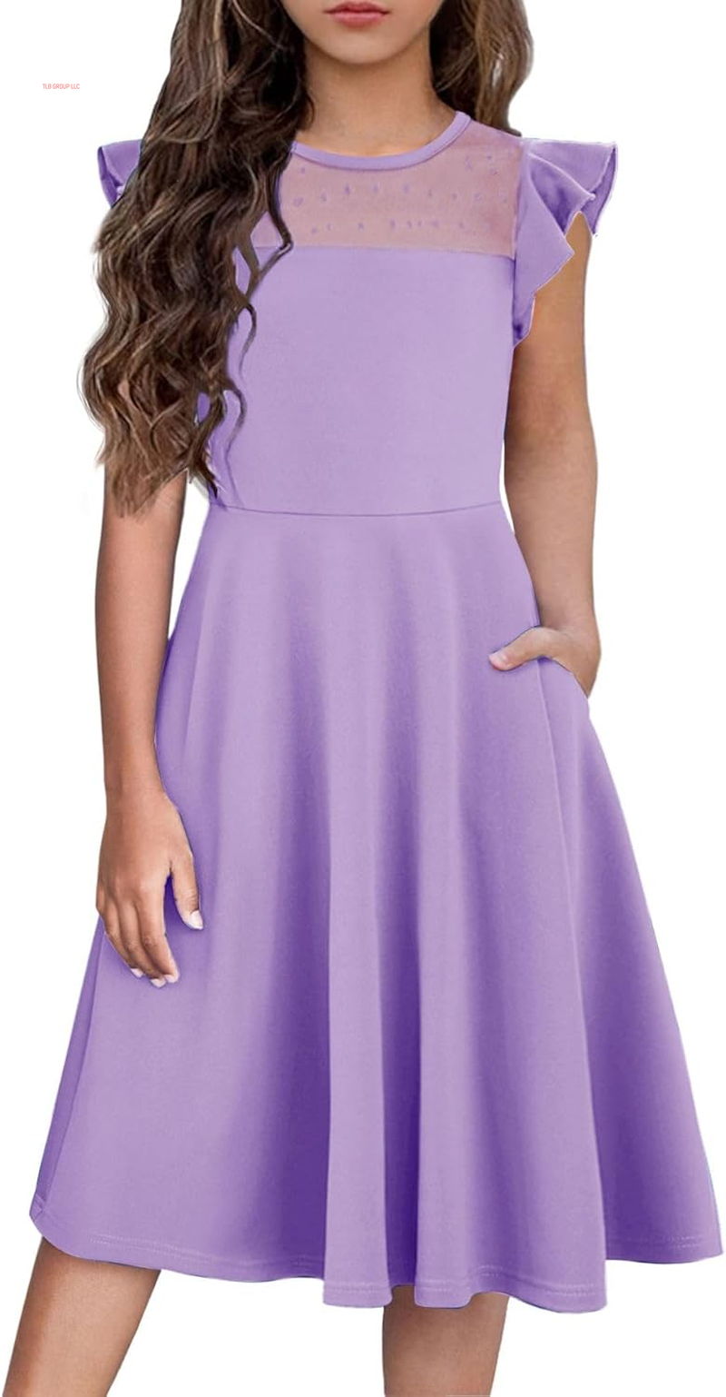 Girls Dresses Summer Formal Party Wedding Ruffle Sleeve Mesh a Line Dress with Pockets