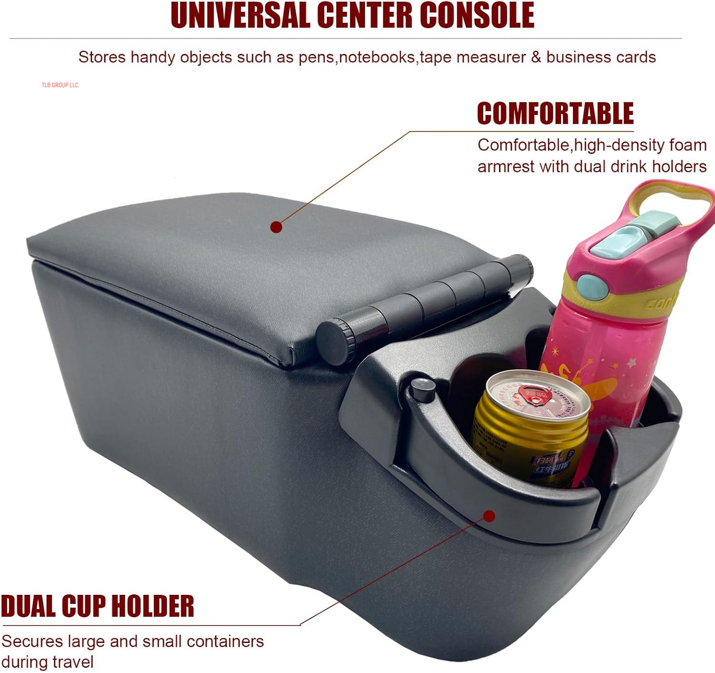 Universal Truck Seat/Bench Contractor Center Console Business Organizer and Storage with Adjustable Cup Holders, Clip Board, and Padded Top Lid for Armrest 124809 Black