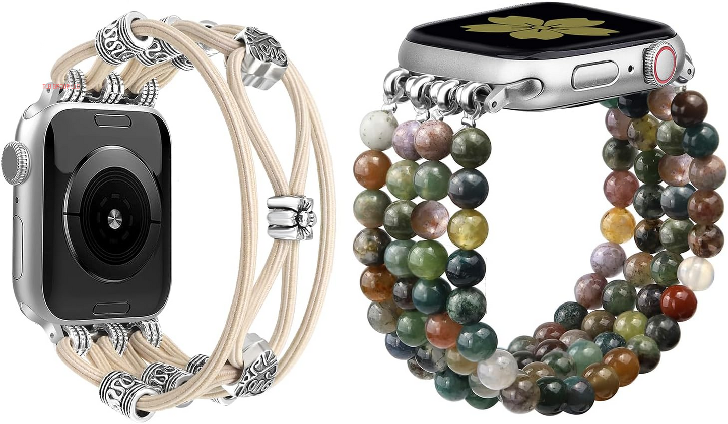 Braided Nylon Stretchy Strap Natural Stone Beaded Bracelet Band Bundle Compatible with Apple Watch 38Mm 40Mm 41Mm 42Mm (S10) for Women for Iwatch Series 10/9/8/7/6/5/4/3/2/1/SE