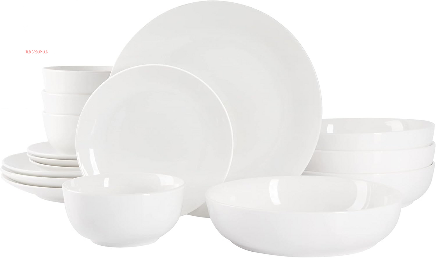 Oslo Porcelain Chip and Scratch Resistant Dinnerware Set, Service for 4 (16Pcs), Plates and Bowls Dishes Sets, White