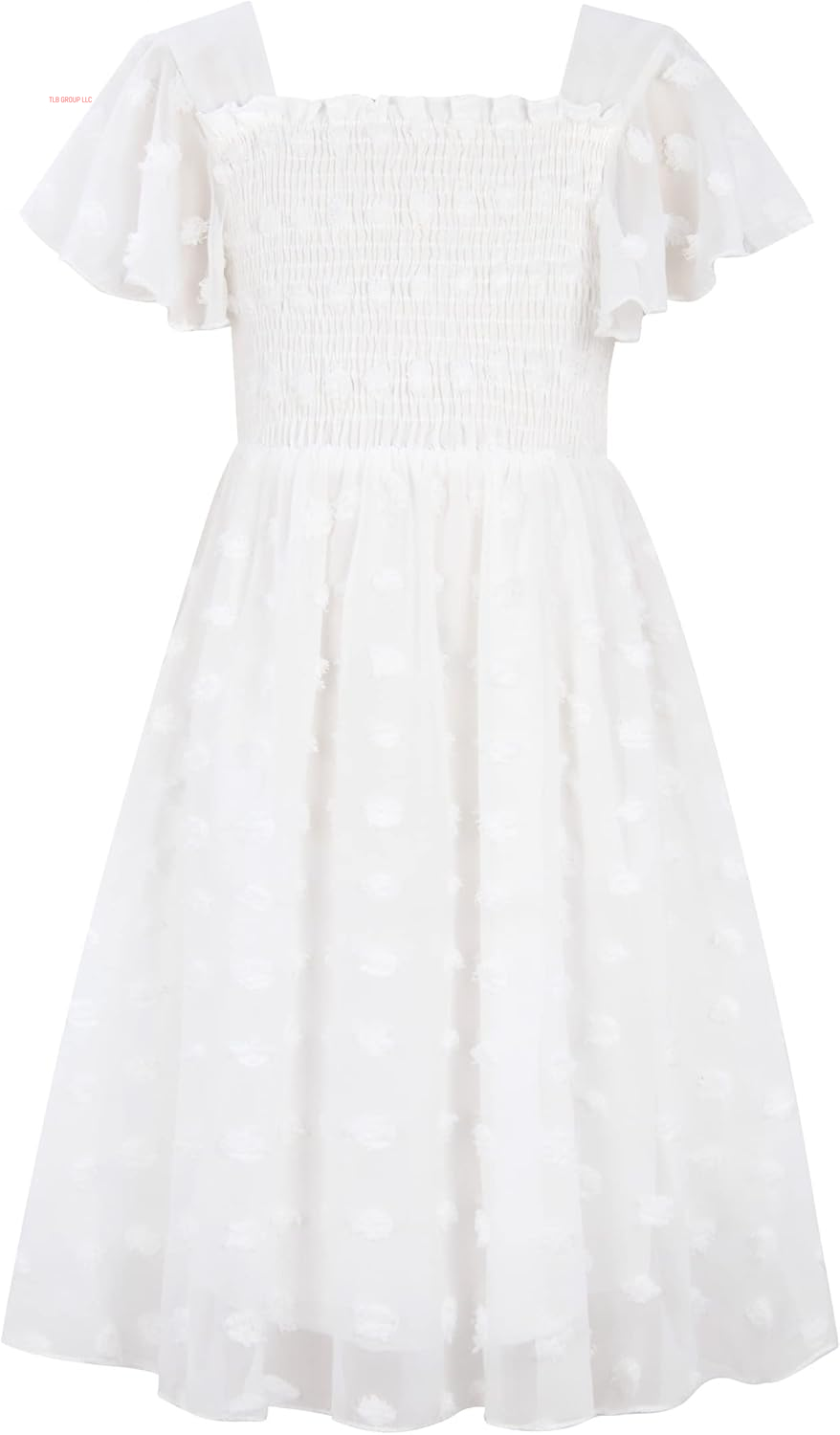 6-12T Girls Chiffon Dress with Solid Pom Poms & Flutter Ruffle Short Sleeve Kids Lace Square Neck Frocks