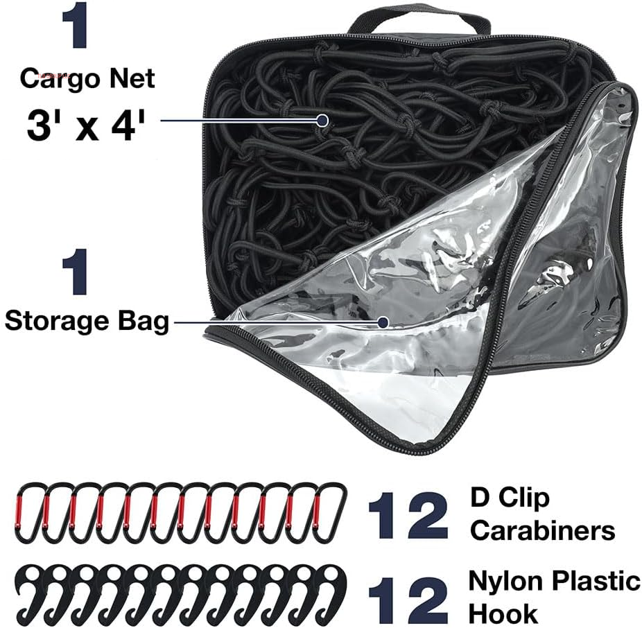 Truck Bed Net – 3' X 4' Cargo Netting Stretches to 6' X 8' Square Mesh Grid 4” X 4” with 12 D-Shaped Clips and 12 Plastic Hooks for SUV, Jeep, Chevy Silverado