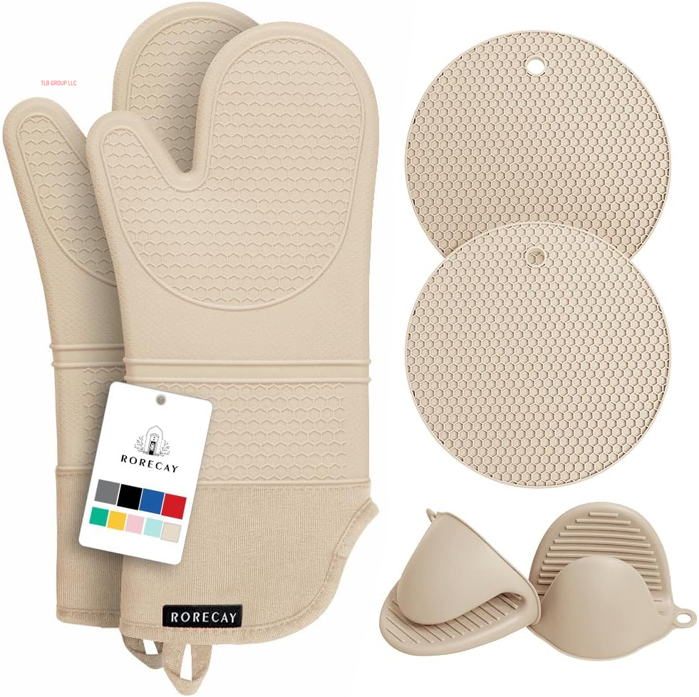 Extra Long Oven Mitts and Pot Holders Sets: Heat Resistant Silicone Oven Mittens with Mini Oven Gloves and Hot Pads Potholders for Kitchen Baking Cooking, Quilted Liner, Gray, Pack of 6