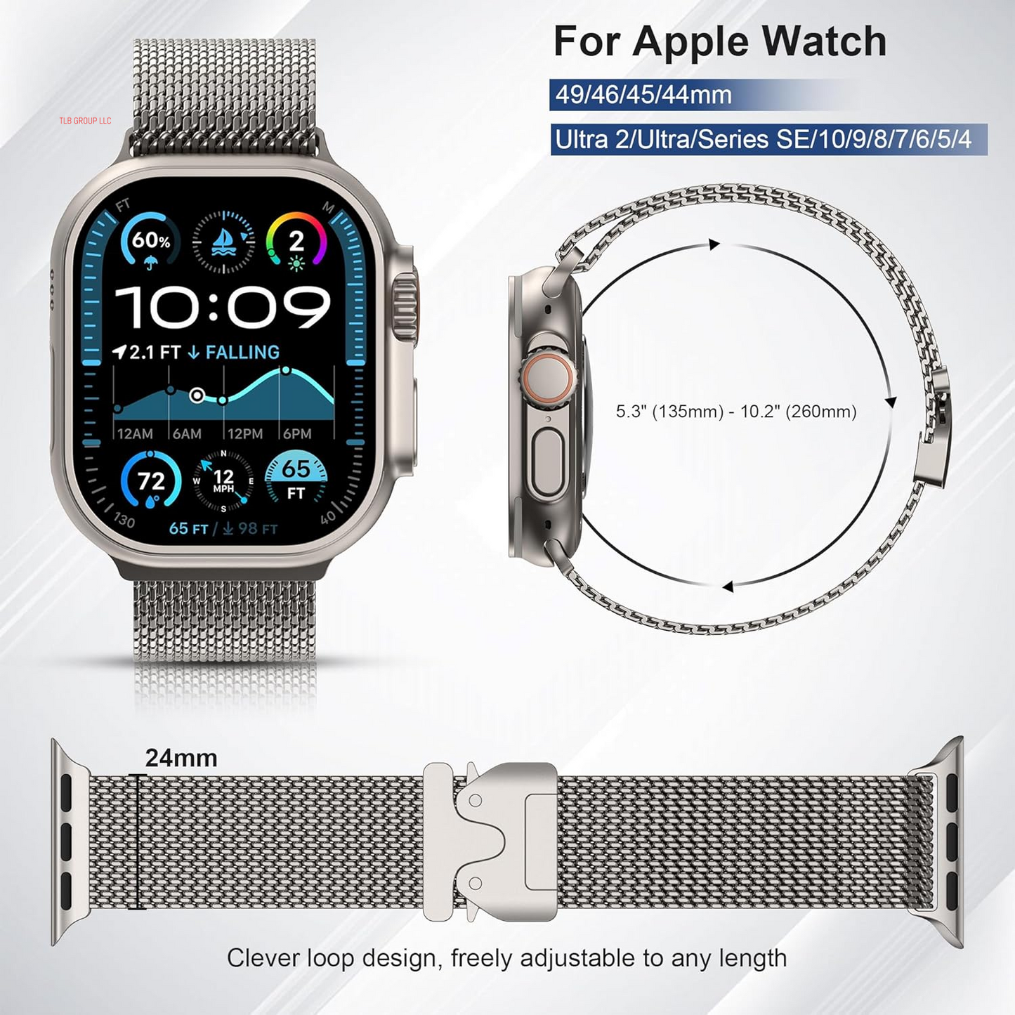 Milanese Mesh Loop Compatible with Apple Watch Band Ultra 2/Ultra 49Mm 46Mm 45Mm 44Mm Men Women, Designer Parachute-Style Metal Buckle Adjustable Strap for Iwatch SE Series 10/9/8/7/6/5/4