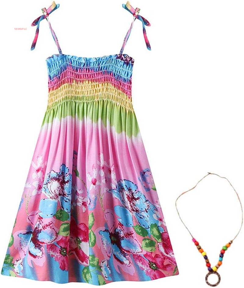 Girls Bohemian Dresses Floral Sleeveless Rainbow Beach Sundress with Necklace 2-12T