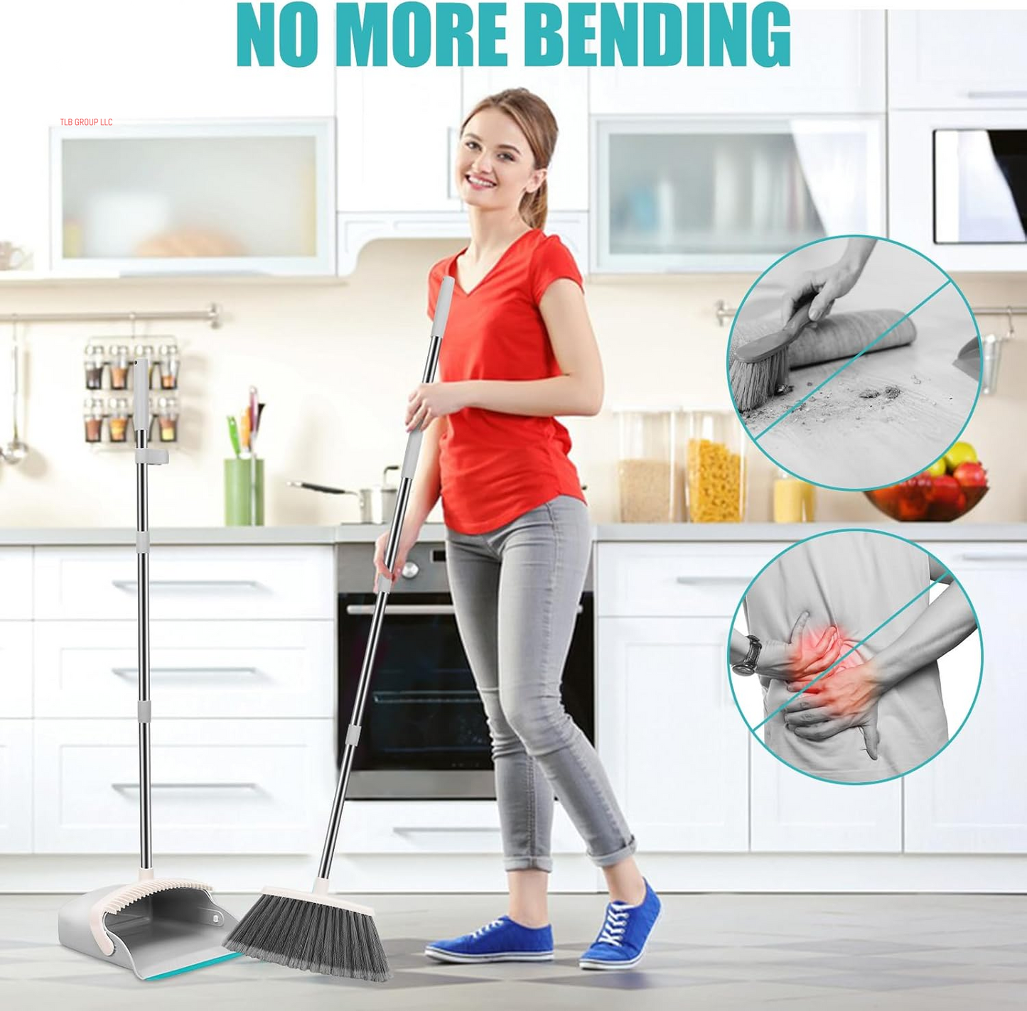 Upgrade Broom and Dustpan Set, Silicone Broom,Long Handle Broom with Upright Standing Dustpan, Squeegee - Broom for Indoor Cleaning 2+1,For Indoor Outdoor,Smooth Floors, Rugs (Grey-White)