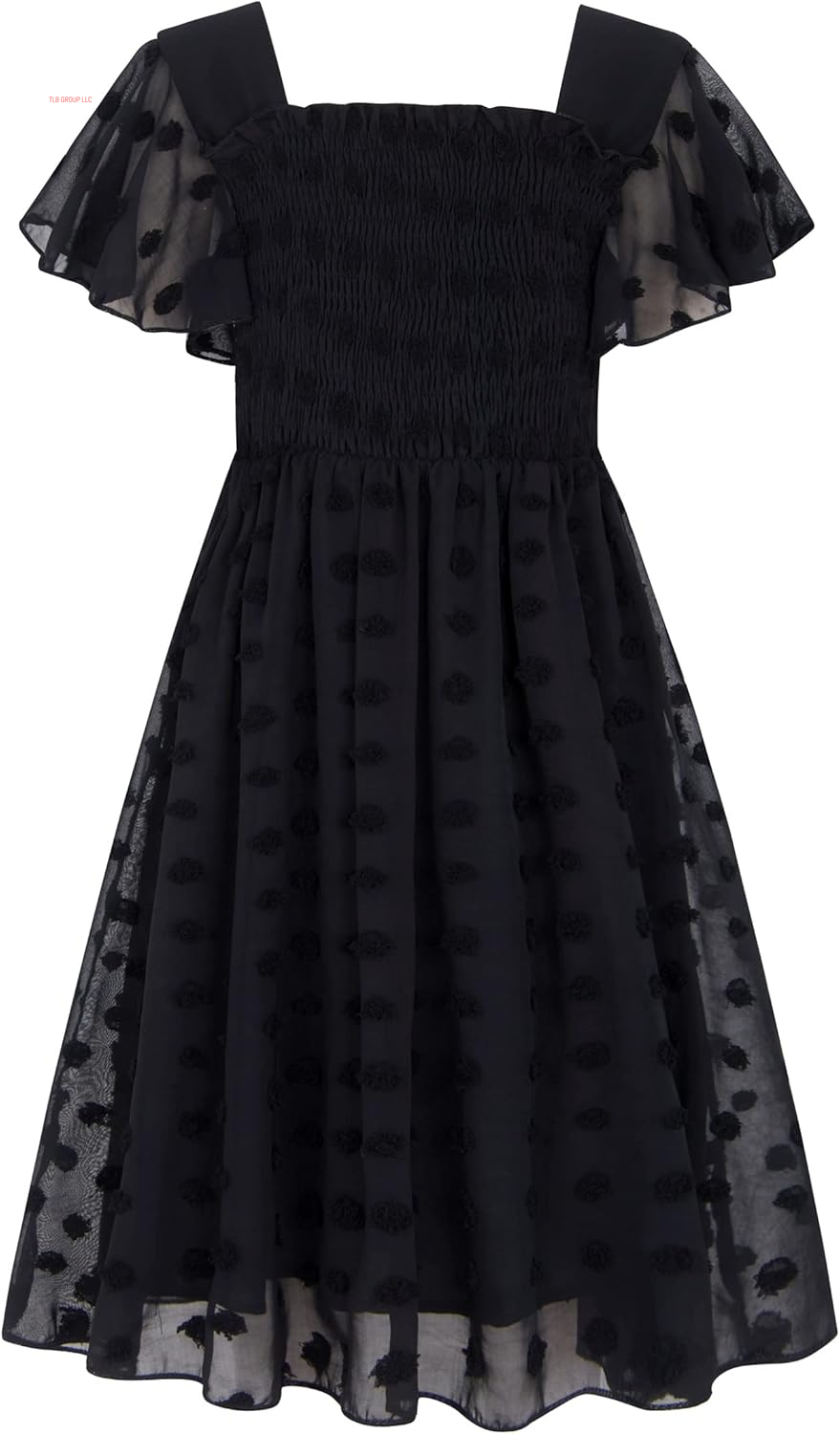 6-12T Girls Chiffon Dress with Solid Pom Poms & Flutter Ruffle Short Sleeve Kids Lace Square Neck Frocks