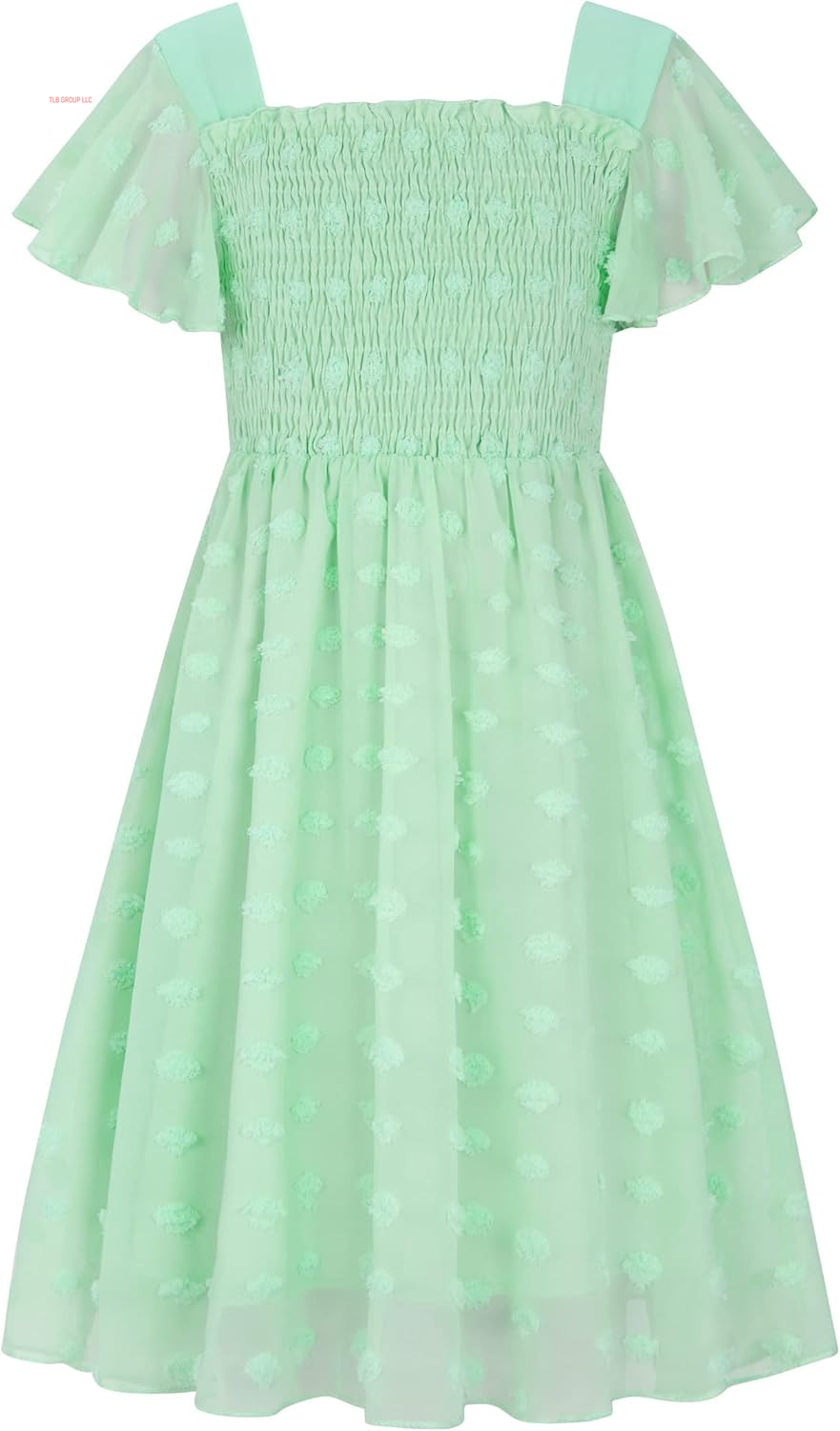 6-12T Girls Chiffon Dress with Solid Pom Poms & Flutter Ruffle Short Sleeve Kids Lace Square Neck Frocks