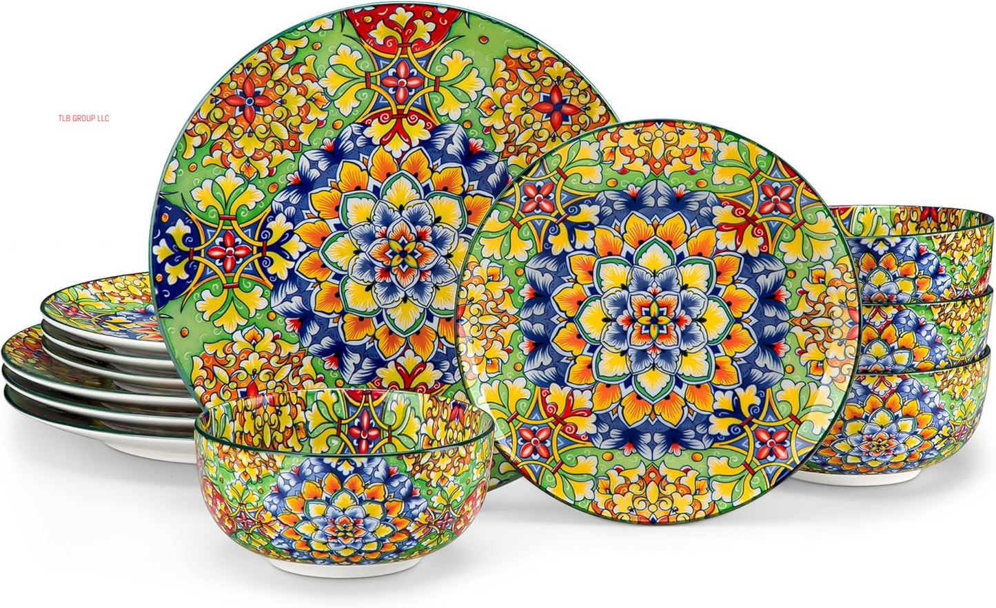 12 Pieces Dinnerware Sets, Plates and Bowls Set, Porcelain Dishes Set for 4, Microwave and Dishwasher Safe, Scratch Resistant, Bohemian Style Dining Ware Service for 4, Series SIMI