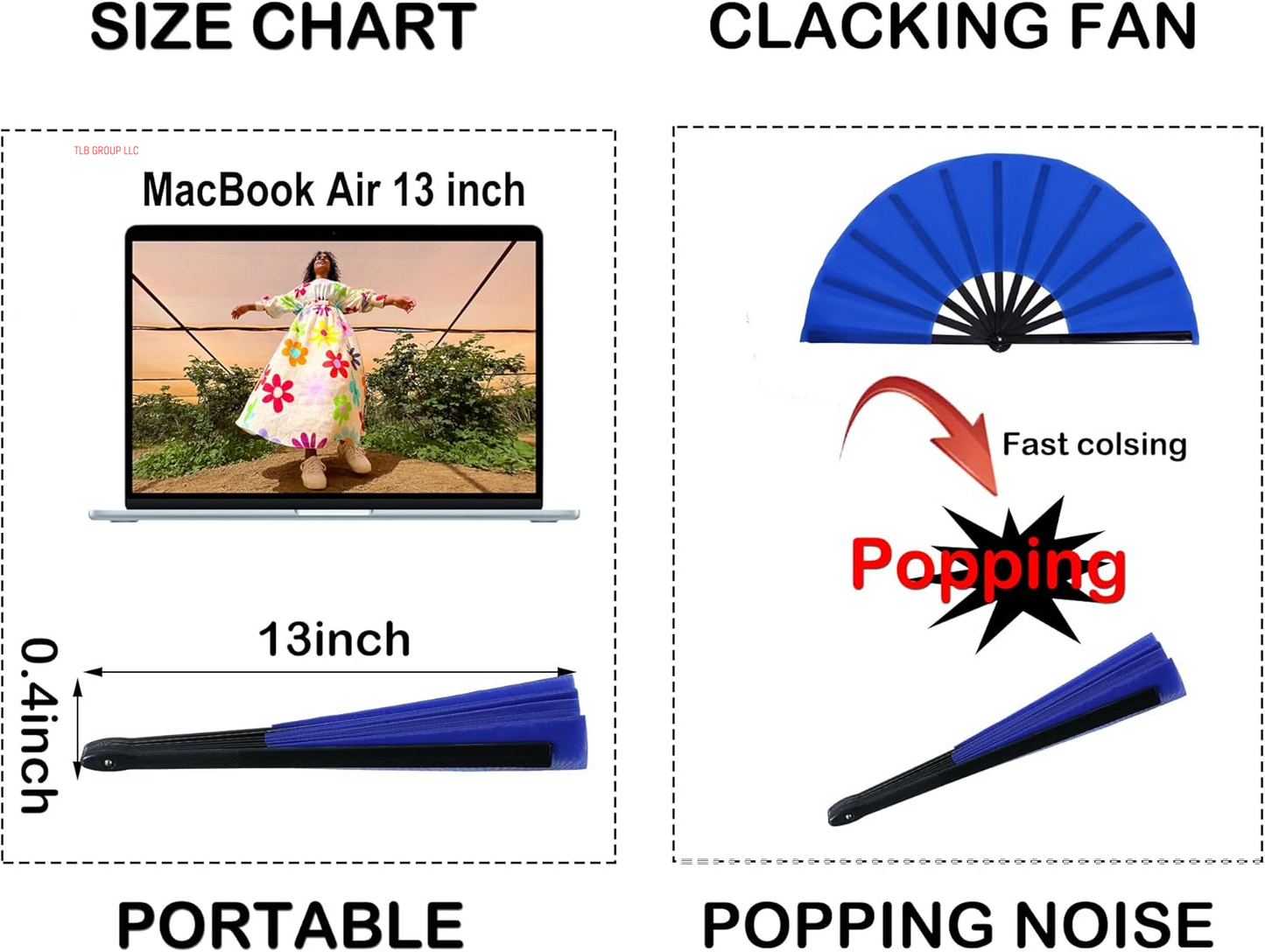 13Inch Large Rave Fan Popping Fan Clacking Fans for Line Dancing,Hand Fans for Women Foldable,Boots on the Ground Fan,Portable for Outdoor,Wedding,Party,Decoration(Blue,1 Pack)