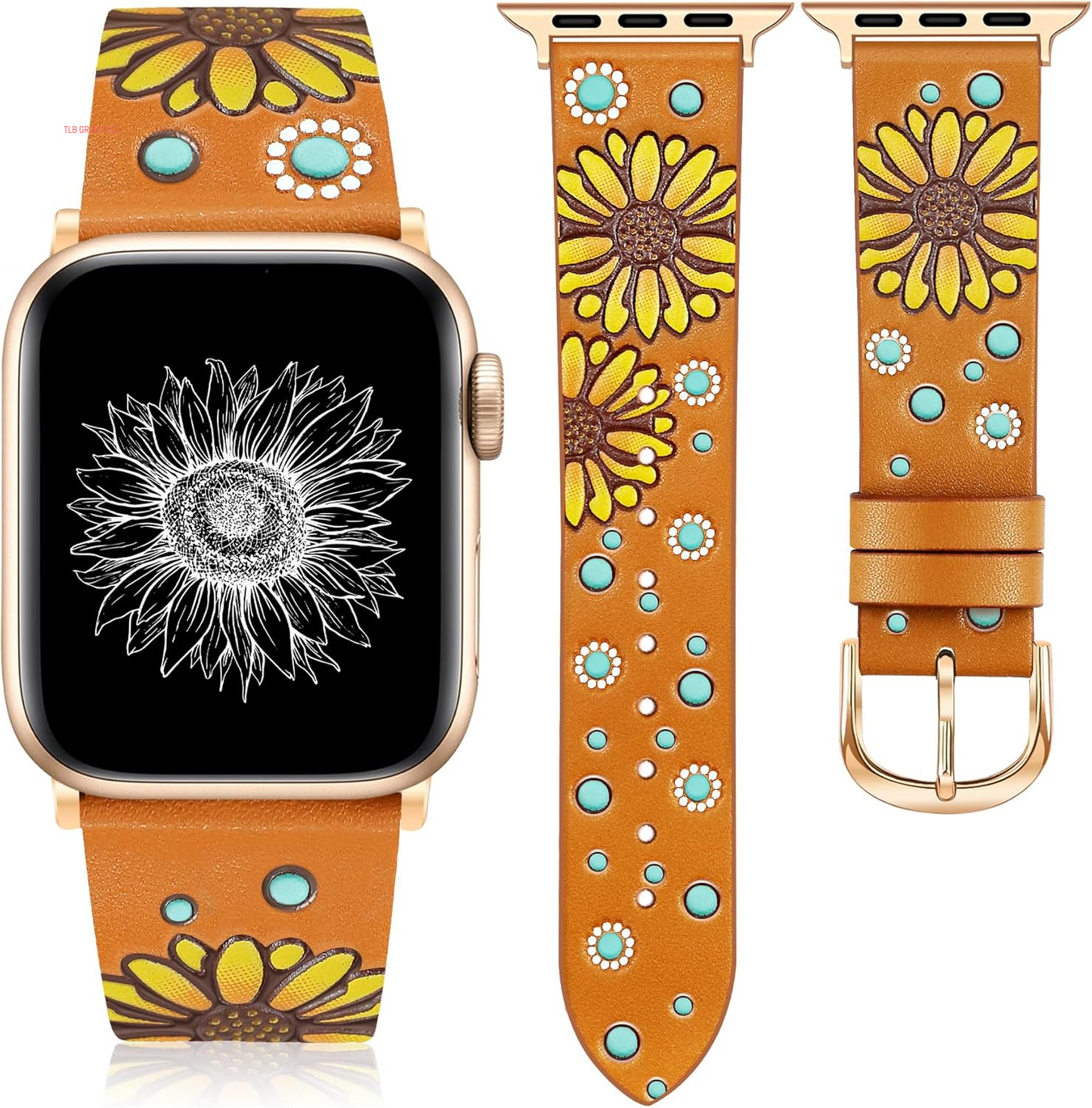 Geniuen Leather Band Compatible with Apple Watch Band 41/40/38/42Mm Women, Boho Western Embossed Floral Designer Leather Strap for Iwatch Series 10 9 8 7 6 5 4 3 2 1 SE Ultra/2, Orange