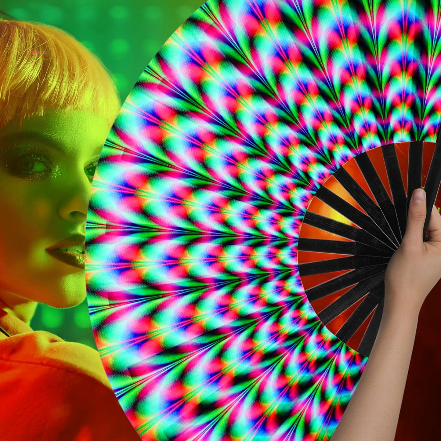 13 Inch Large Clack Rave Fan Folding Hand Fans for Line Dancing Popping Men Women Trippy Gifts Glow Handheld for EDM Music Festival Club Disco Party Dance Decoration