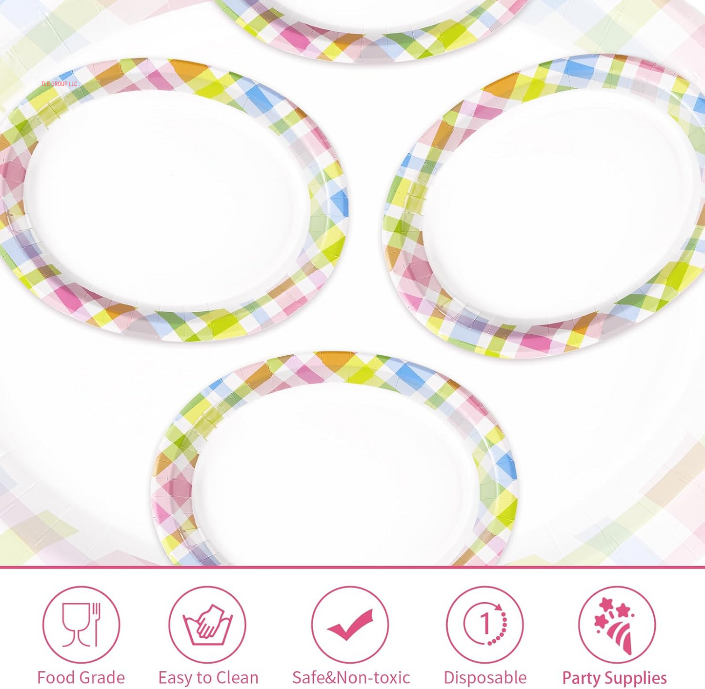 50Pcs Easter Oval Paper Plates 10" X 12" Large Disposable Heavy Duty Color Easter Buffalo Plaid Checkered Paper Platters Spring Rainbow Dessert Plates for Holiday Dinner Birthday Party Supplies