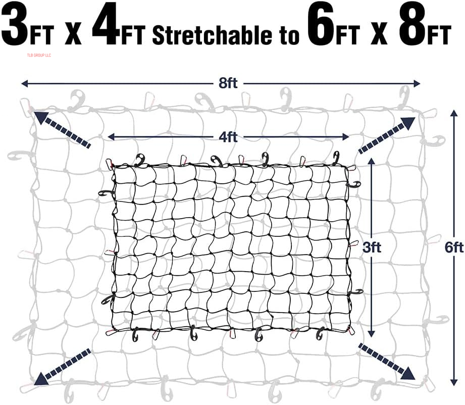 Truck Bed Net – 3' X 4' Cargo Netting Stretches to 6' X 8' Square Mesh Grid 4” X 4” with 12 D-Shaped Clips and 12 Plastic Hooks for SUV, Jeep, Chevy Silverado
