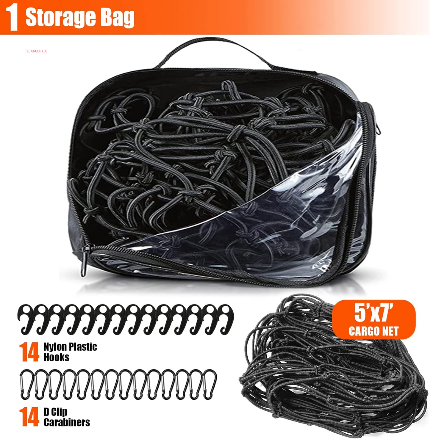 5’ X 7'Cargo Net for Pickup Truck Bed Stretches to 10' X 14' Heavy-Duty, Mesh Square Latex Bungee Netting with 14 Metal Carabiners + 14 Hooks- Compatible with Ford, Dodge RAM, Chevy, Toyota