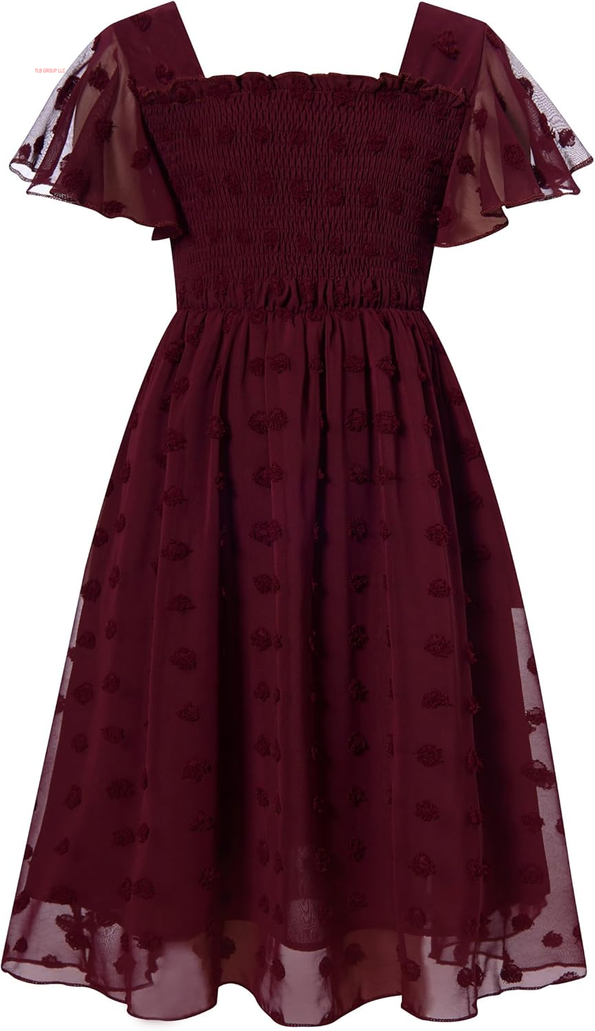 6-12T Girls Chiffon Dress with Solid Pom Poms & Flutter Ruffle Short Sleeve Kids Lace Square Neck Frocks