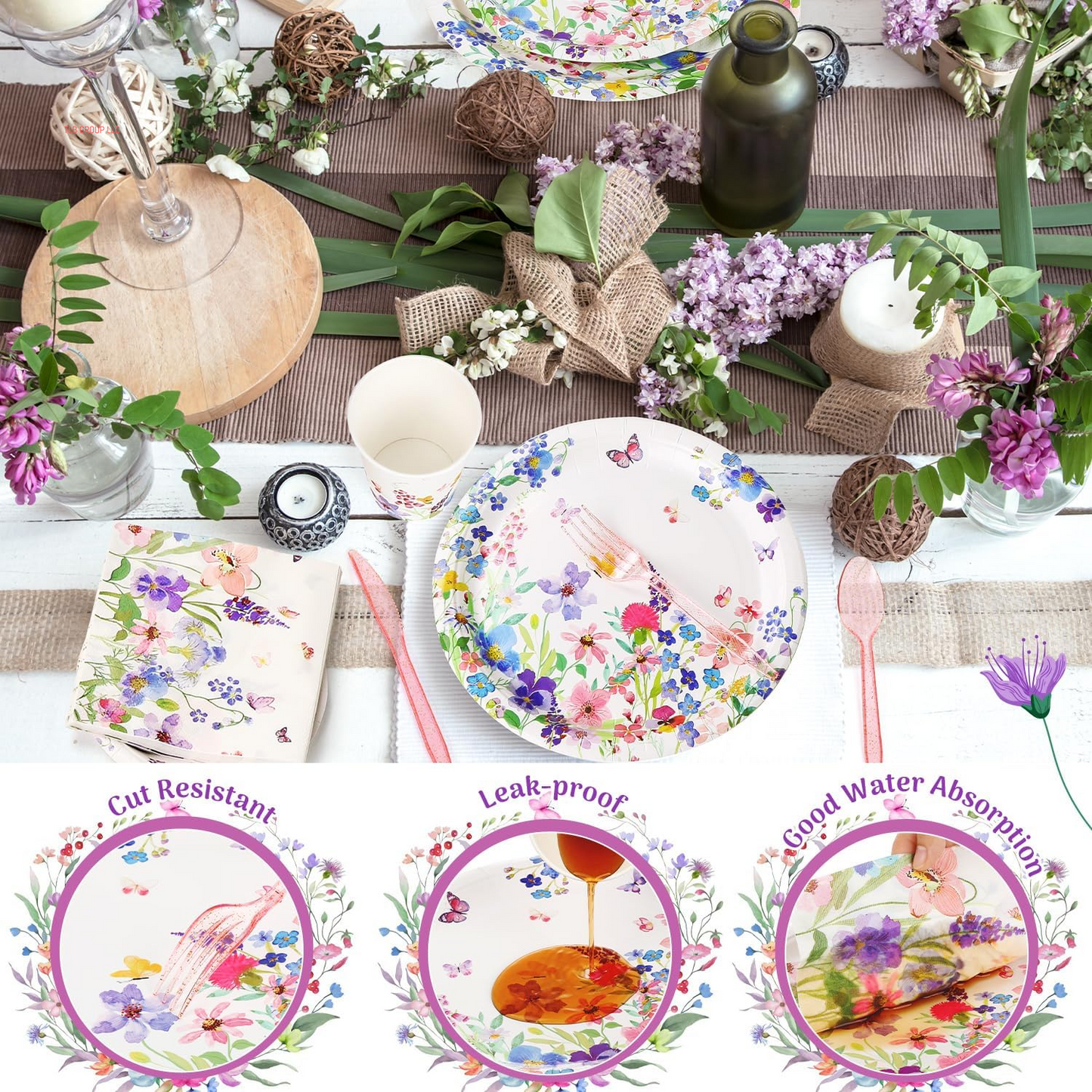 400 Pcs Spring Floral Party Decoration Baby Shower Disposable Tableware Sets Birthday Party Supplies Serves 50 Guests Disposable Plates Napkins and Cups for Baby Bridal Shower Birthday Party