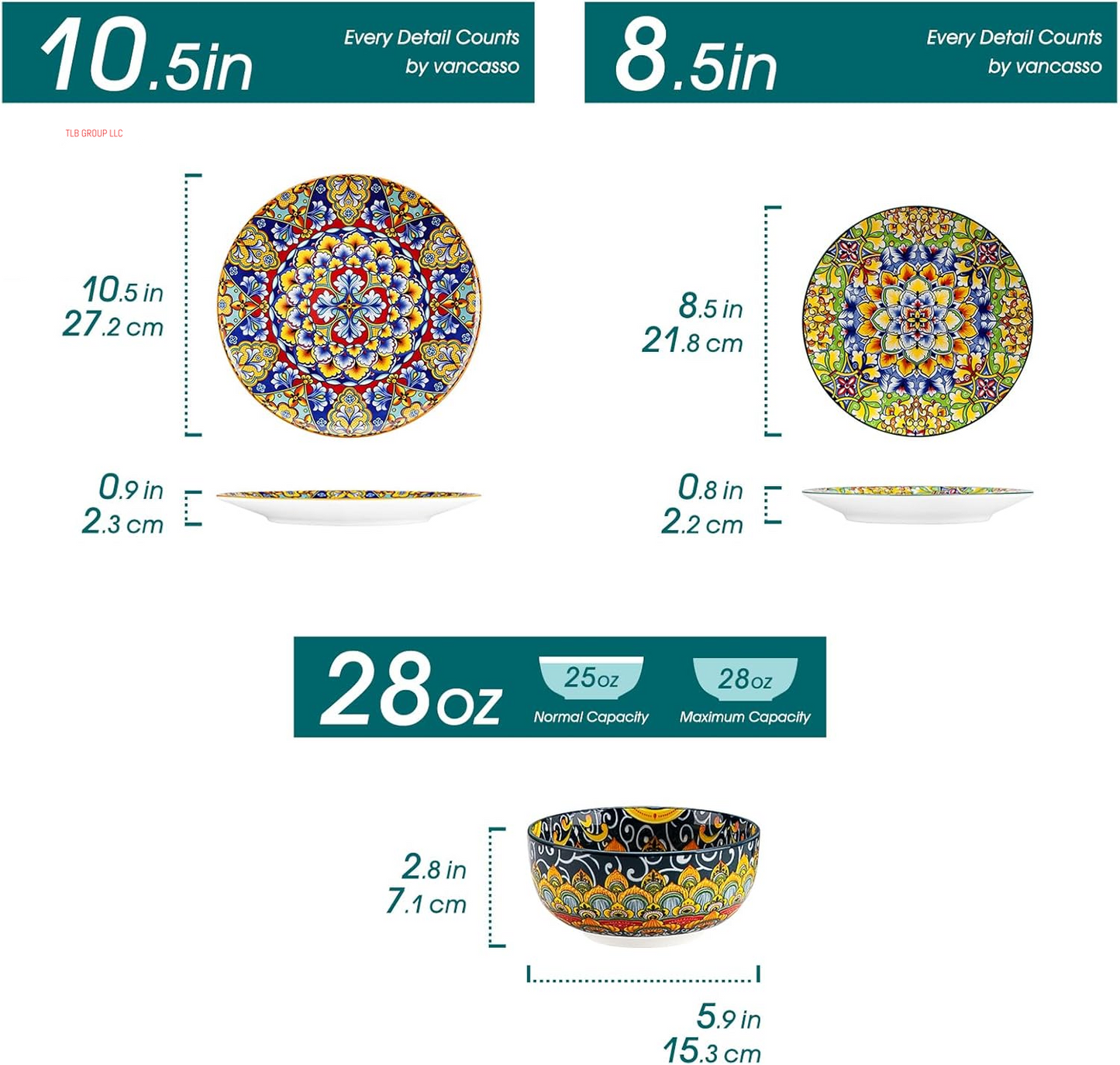 12 Pieces Dinnerware Sets, Plates and Bowls Set, Porcelain Dishes Set for 4, Microwave and Dishwasher Safe, Scratch Resistant, Bohemian Style Dining Ware Service for 4, Series SIMI
