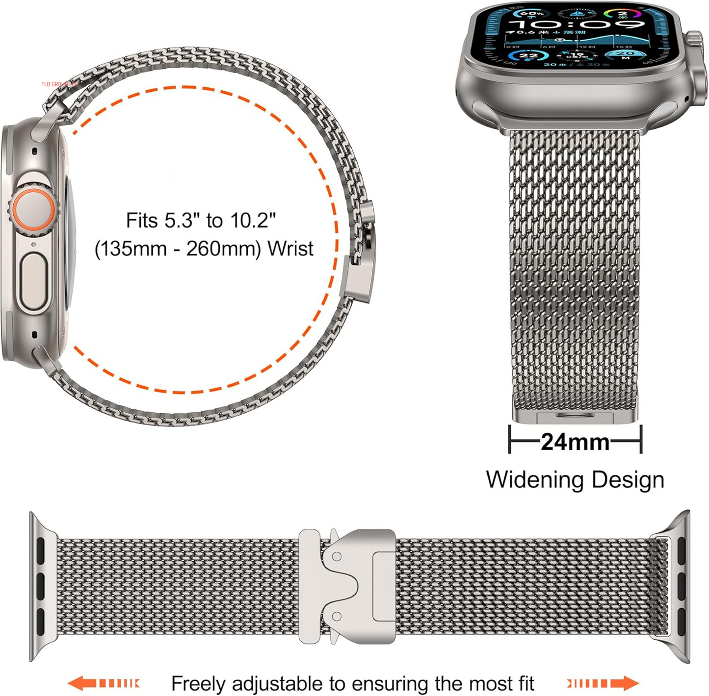 Milanese Mesh Loop Compatible for Apple Watch Band 49Mm 46Mm 45Mm 44Mm Men Women, Breathable Replacement Band with Adjustable Parachute-Style Buckle for Iwatch Ultra 2/Ultra/Se/Series 10/9/8/7/6/5/4
