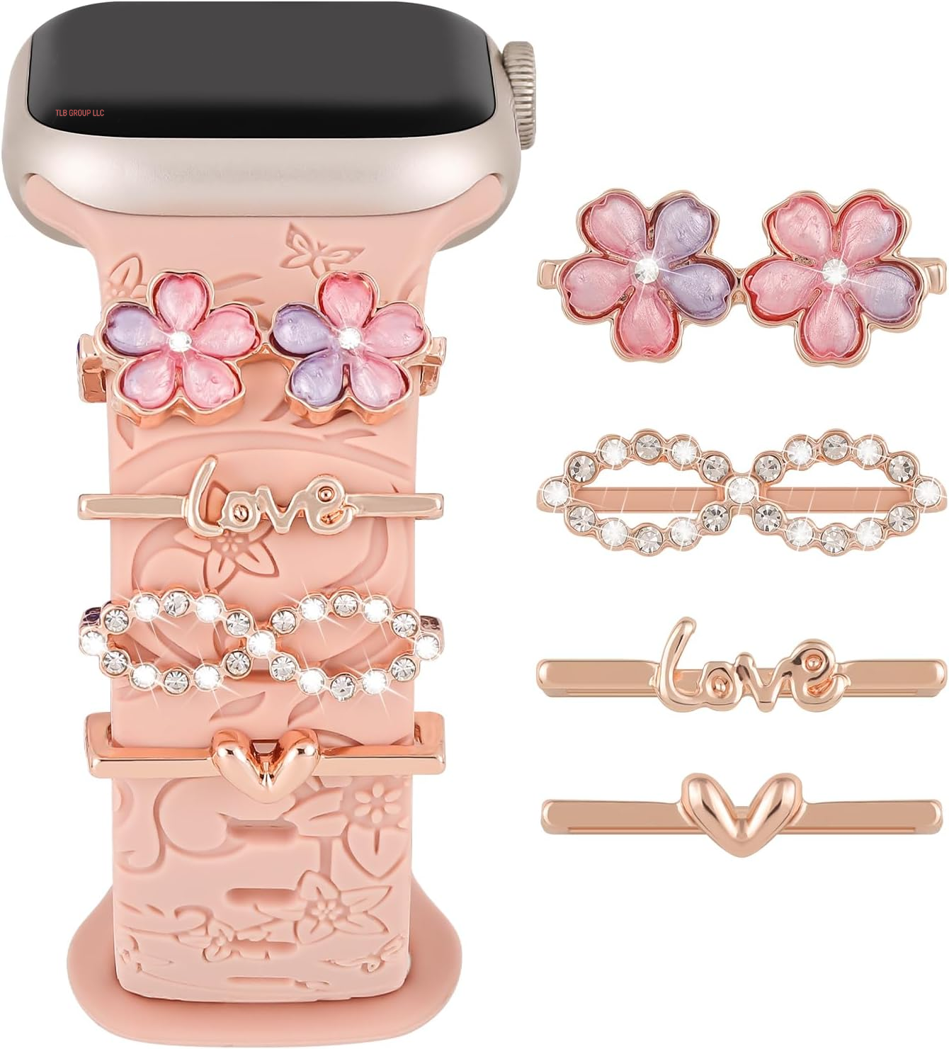 Charm+Band for Apple Watch Bands 40Mm 41Mm 38Mm 44Mm 45Mm 46Mm 42Mm Women Men,Floral Engraved Silicone Sport Band+Decorative Ring Loops for Iwatch Series 10 9 8 7 6 5 4 3 SE Ultra/2 49Mm,Jewelry Strap