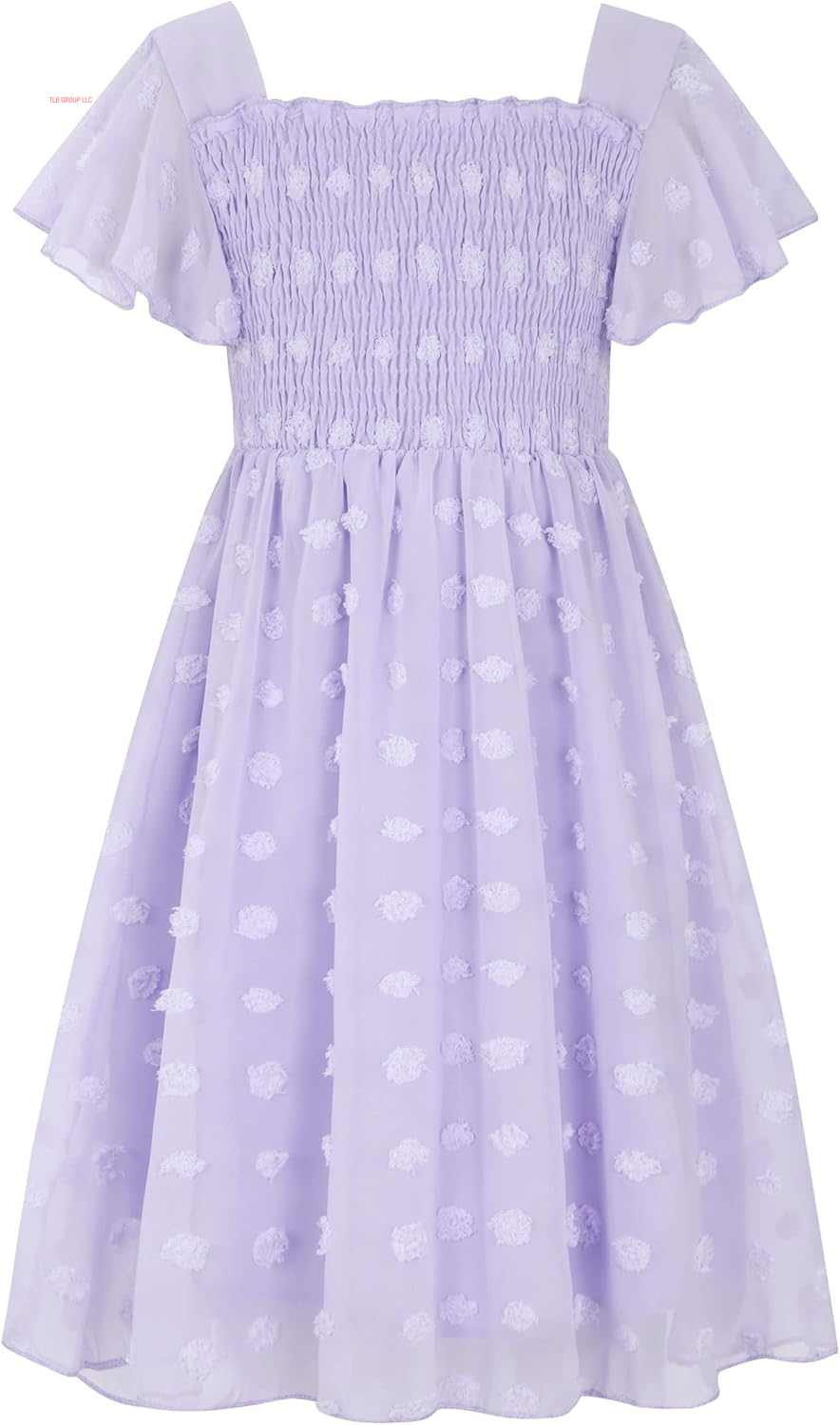 6-12T Girls Chiffon Dress with Solid Pom Poms & Flutter Ruffle Short Sleeve Kids Lace Square Neck Frocks