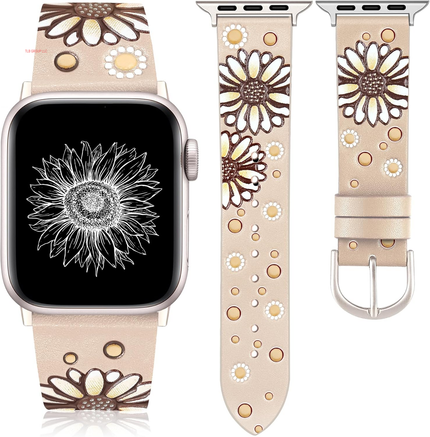 Geniuen Leather Band Compatible with Apple Watch Band 41/40/38/42Mm Women, Boho Western Embossed Floral Designer Leather Strap for Iwatch Series 10 9 8 7 6 5 4 3 2 1 SE Ultra/2, Orange