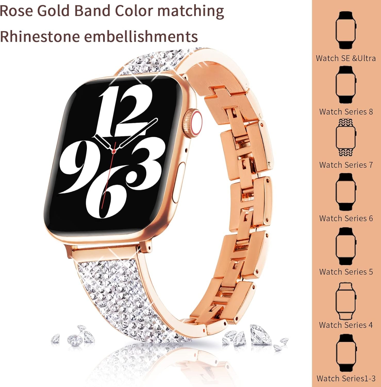 Stainless Steel Metal Band Compatible with Apple Watch Band 38Mm 40Mm 41Mm 42Mm 44Mm 45Mm Diamond Rhinestone Women Bling Bracelet for Iwatch Series 8/7/6/5/4/3/2/1 Ultra SE