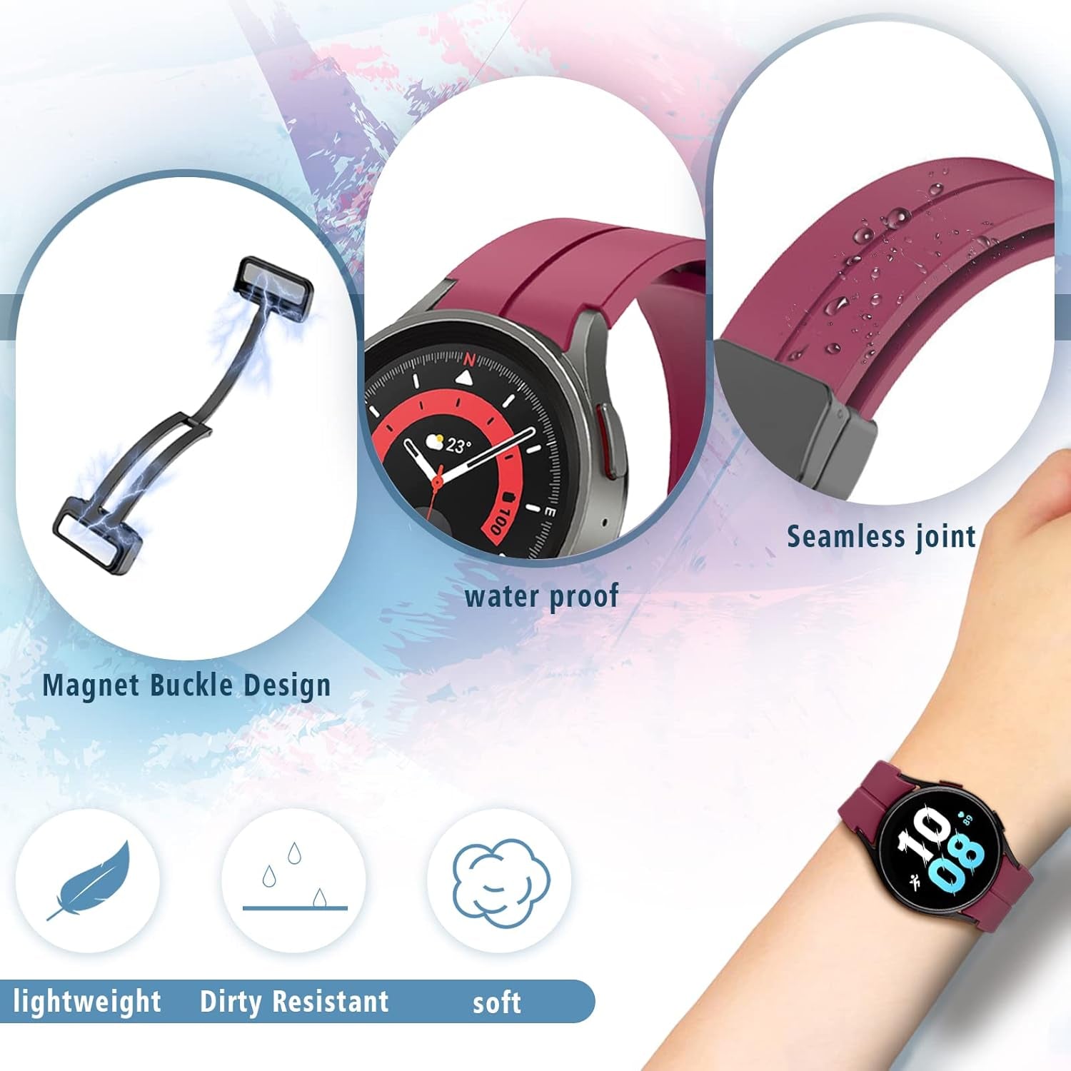 Band Compatible for Galaxy Watch 5 Pro Bands 45Mm/Galaxy Watch 6 Classic 47Mm Band, No Gap Silicone Sport Band for Samsung Galaxy Watch 7 6 5 4 Bands 44Mm 40Mm for Men Women