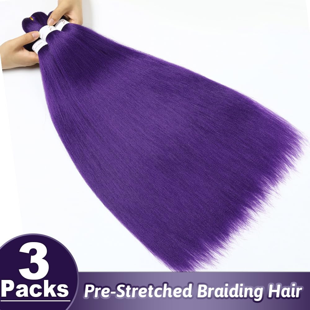 32 Inch Purple Braiding Hair Extensions Pre Stretched Braiding Hair Yaki Braids Hair Hot Water Setting Synthetic Hair Colored Braiding Hair Pre Stretched Crochet Hair(32Inch,3 Packs,Purple#)