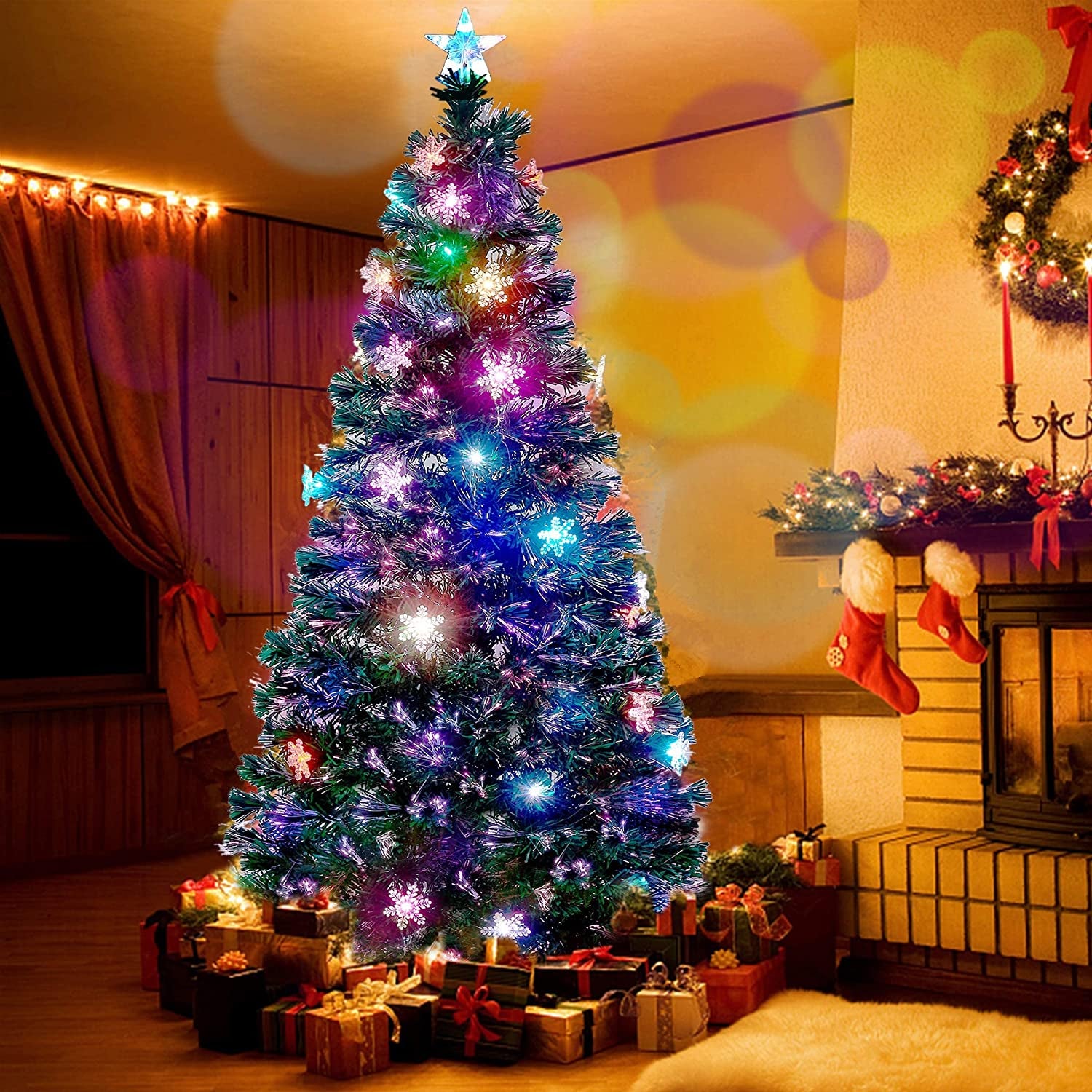 7 Ft Pre-Lit Optical Fiber Christmas Artificial Tree, with LED RGB Color Changing Led Lights, Snowflakes and Top Star, Festive Party Holiday Fake Multicolor Xmas Tree with Sturdy Metal Legs