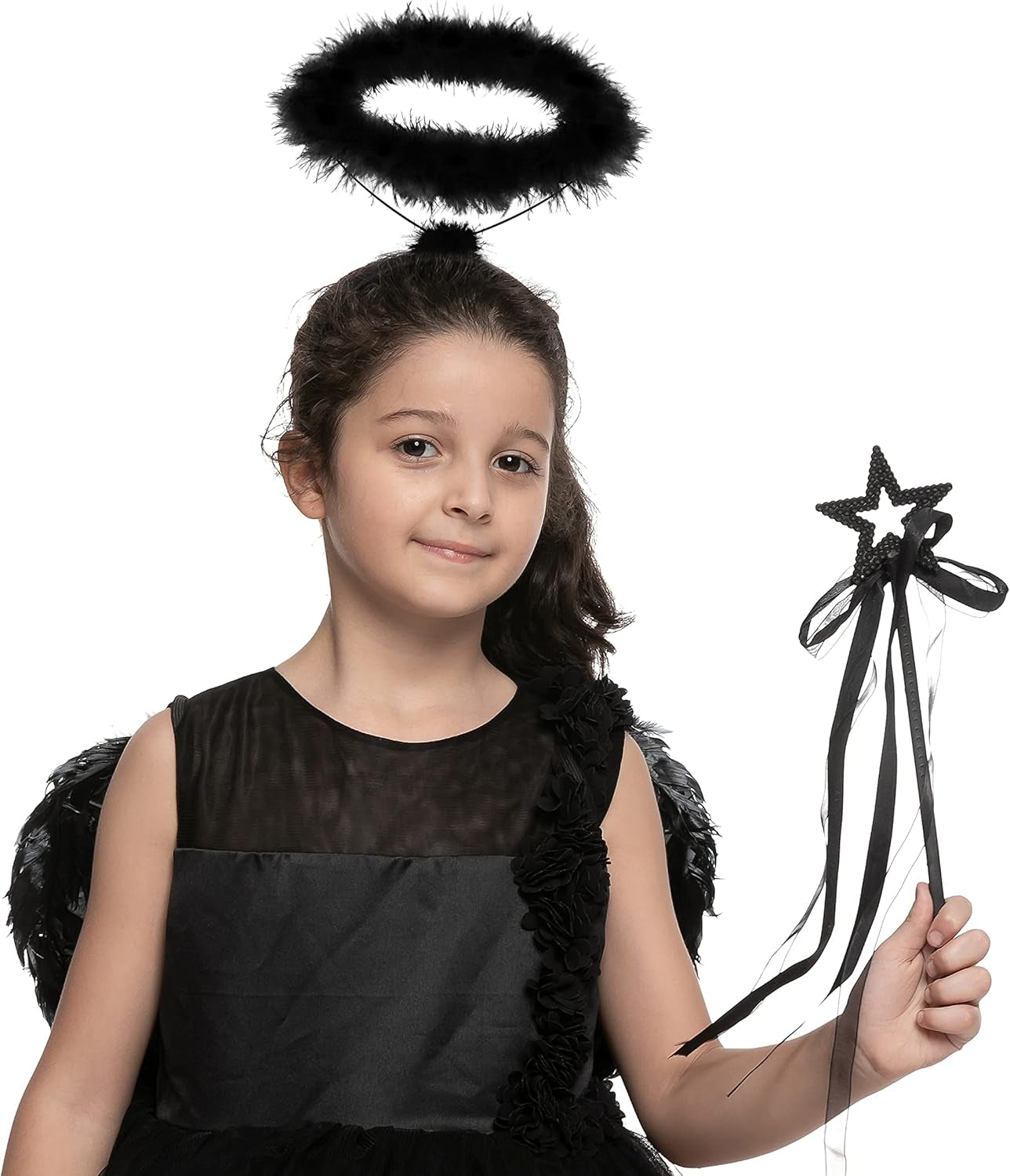 Black White Angel Wings Halo Headband with Wand for Kids Feather Fairy Wings Halloween Party Costume