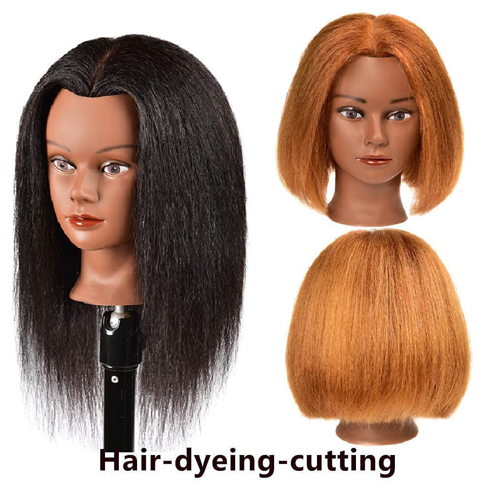 Mannequin Head with 100% Real Hair, 16" Hairdresser Cosmetology Mannequin Manikin Training Practice Doll Head for Hairstyling and Free Clamp Holder- Black