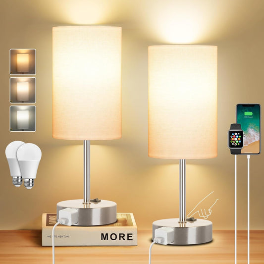 Table Lamp for Bedroom Set of 2, Bedside Small Lamps with 3 Way Dimmable Rocker Switch and AC Outlet, Nightstand Desk Lamp with White Fabric Shade Nickel Base for Living Room Home Decor Lights