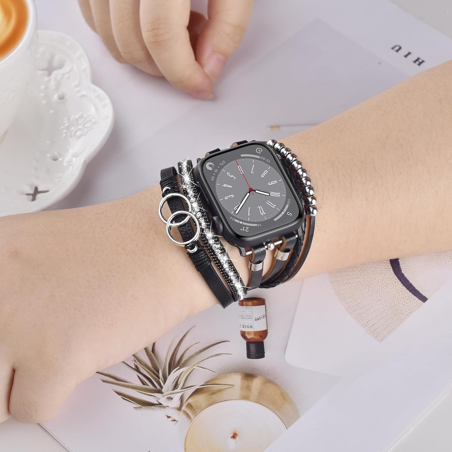 Boho Leather Bracelet Compatible with Apple Watch Band 38Mm 40Mm 41Mm Women, Handmade Multilayer Wrap Beaded Jewelry Apple Watch Strap for Iwatch Series 9 8 7 6 5 4 3 2 1 Black