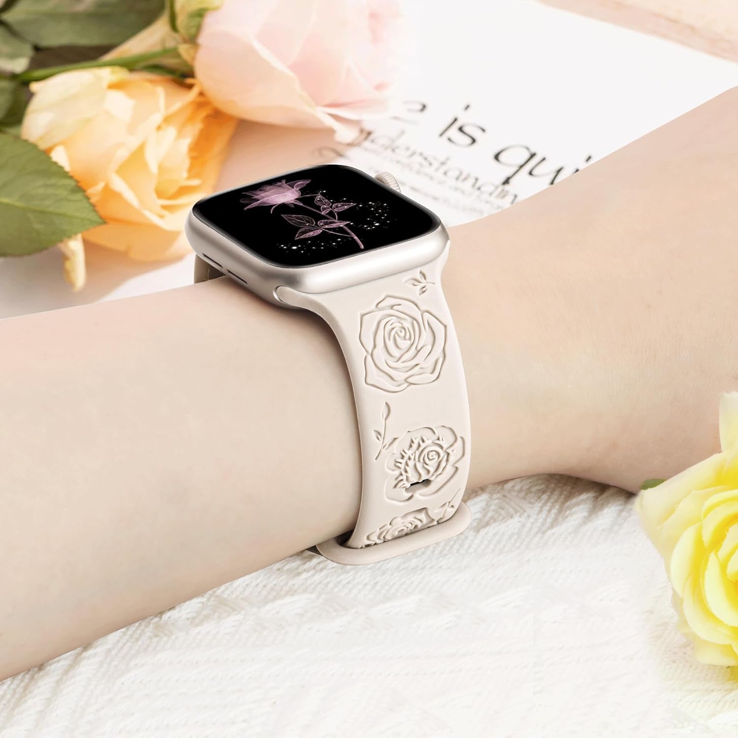 Designer Floral Engraved Bands Compatible with Apple Watch Bands for Women 40Mm 41Mm 38Mm, Cute Soft Silicone Rose Iwatch Bands for Apple Watch Series 9 Band SE 8 7 6 5 4 3 2 1-Starlight