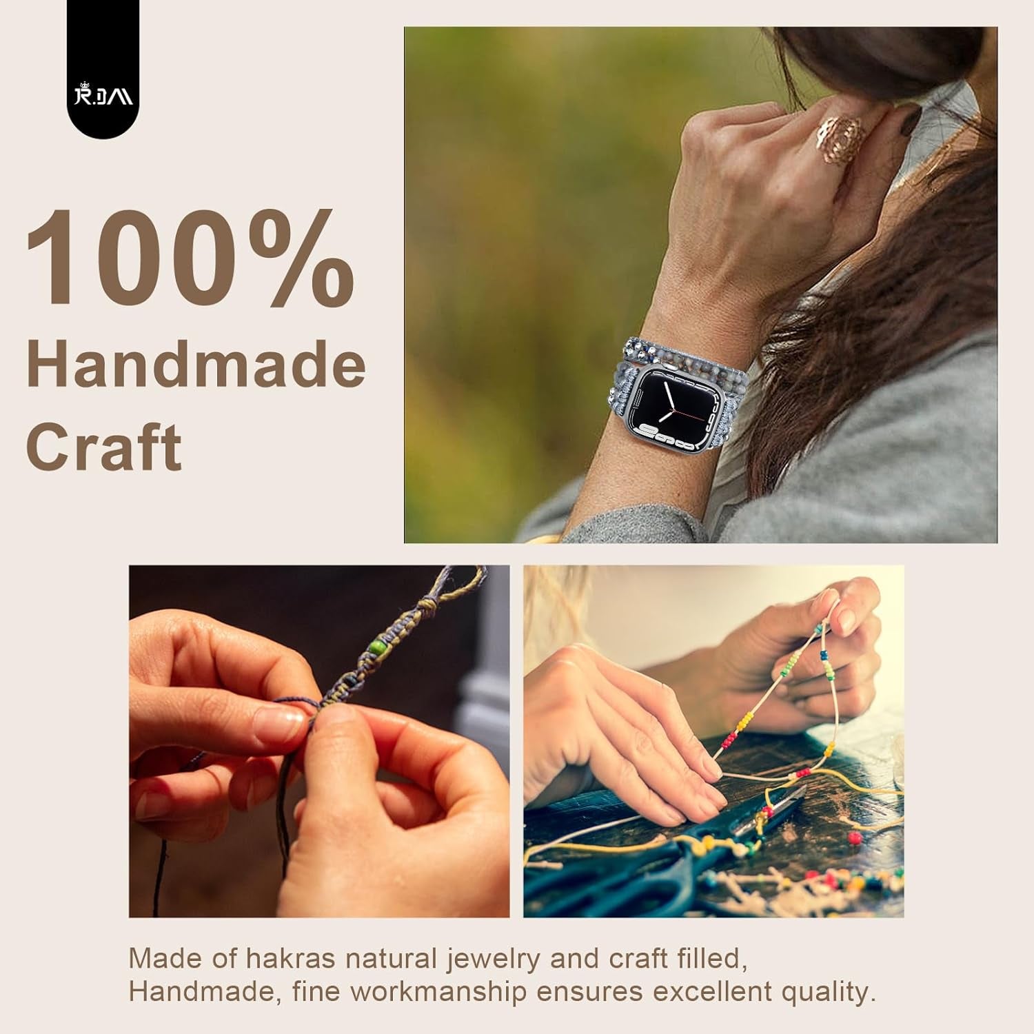 Boho Beaded Watch Band Women Compatible with Apple Watch 42Mm 44Mm 45Mm 46Mm 49Mm Grey Bead Stone Bracelet Adjustable Handmade Braided Strap for Iwatch Series 10/9/8/7/6/5/4/3/2/1/Se/Ultra 1 2