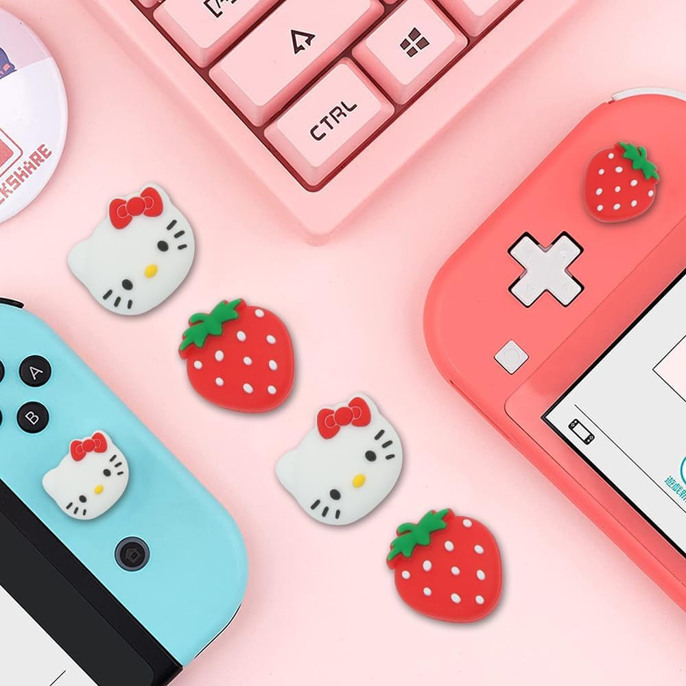 Switch Thumb Grips Caps, Cute Kitty Joystick Caps for Nintendo Switch/Lite/Switch OLED, 4 PCS Thumbstick Cover, Analog Stick Button Cover for NS Joycon Controller Accessories,Strawberry