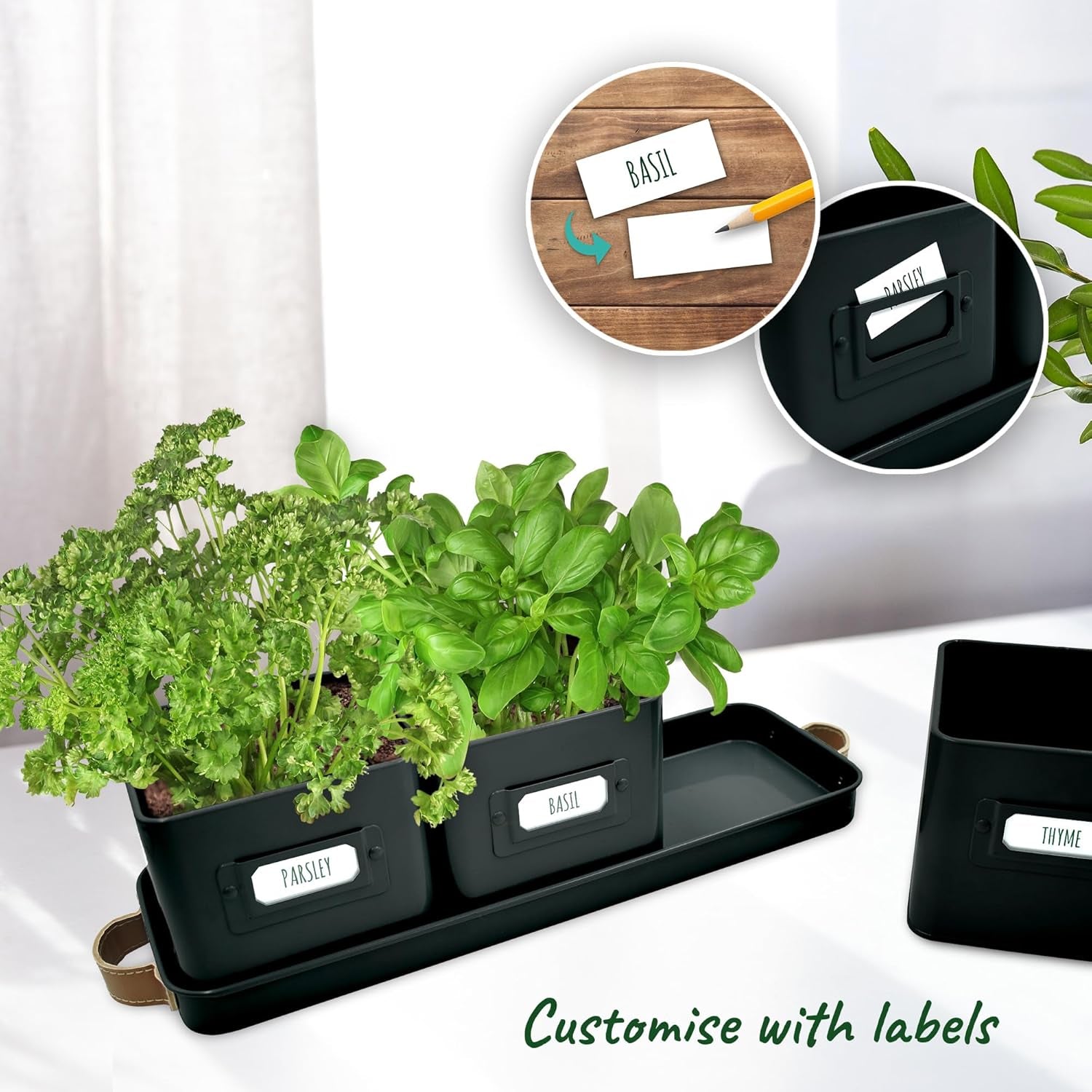 Herb Planter Indoor - Set of 3 Black Indoor Herb Garden Pots for Plants with Leather Handled Tray - Window Sill Plant Shelf - Herb Pots with Drainage Holes and Labels