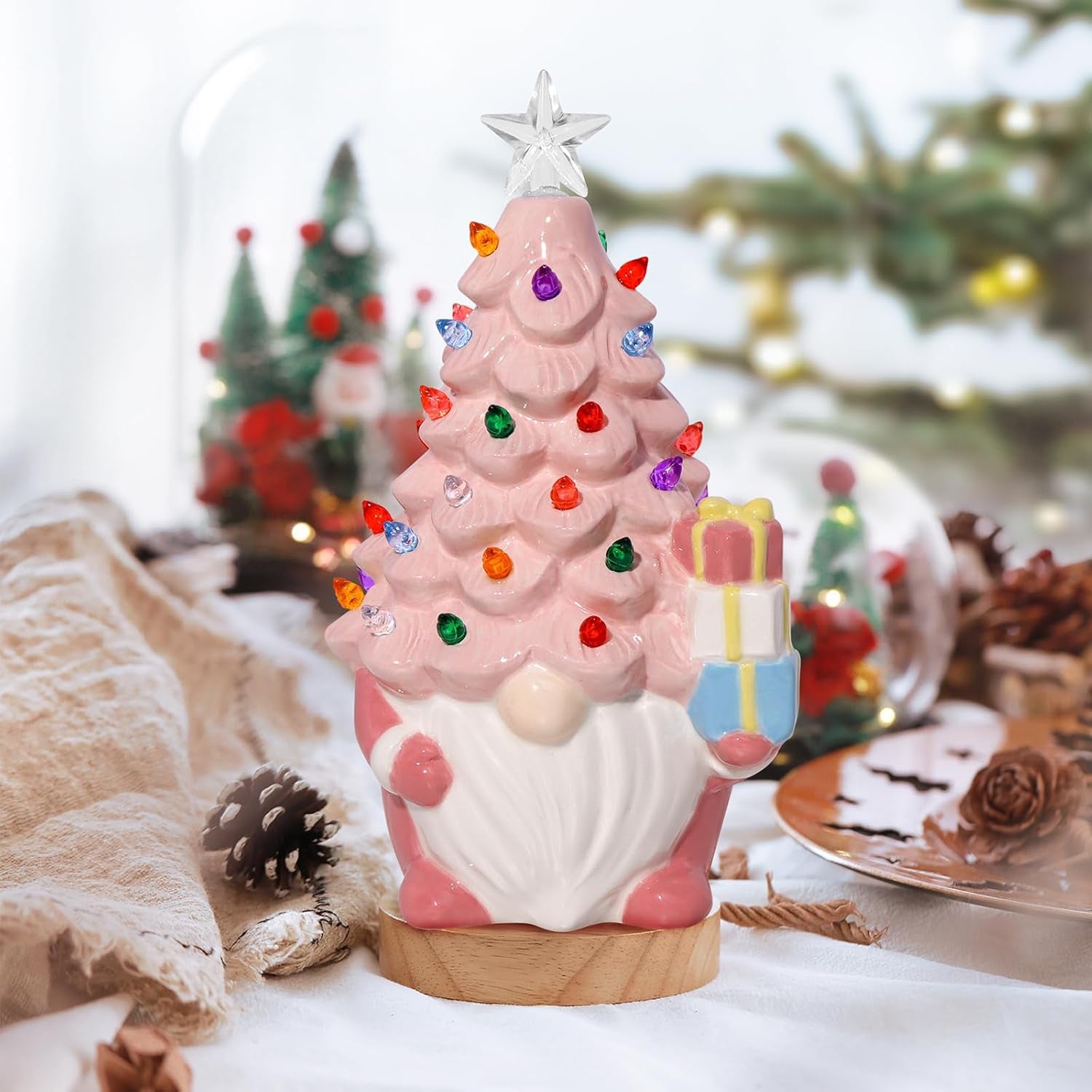 Ceramic Christmas Tree, Pink Christmas Decor Light-Up Ceramic Gnome with LED Battery Powered, Classic Christmas Decor for Home Shelf Cabinet Table, Home Display, Tabletop