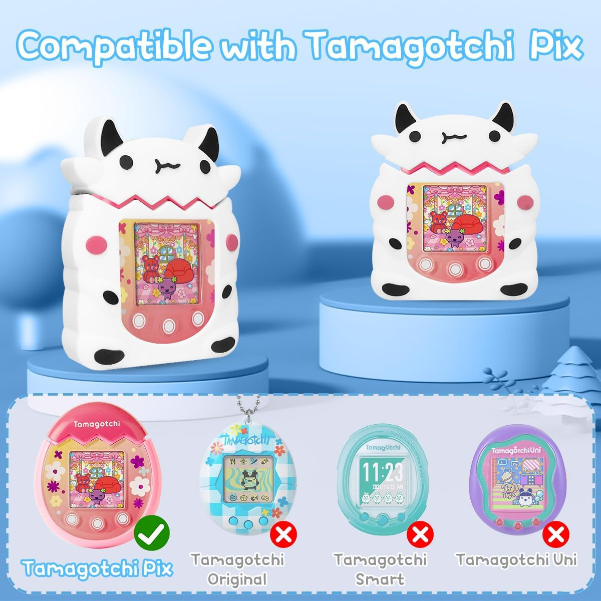 Silicone Case Compatible with Tamagotchi Pix Virtual Pet Game Machine Case, Silicone Interactive Virtual Pet Game Machine Cute Cartoon Cow Protectoive Cover with Lanyard Accessories (White) ZOUSA