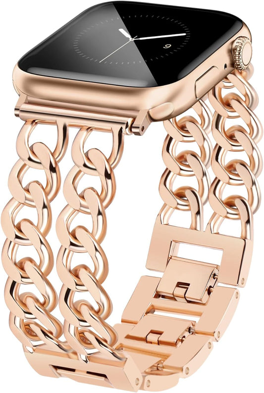 Rose Gold Watch Bands for Women Compatible with Apple Watch Band 38Mm 40Mm 41Mm Adjustable Metal Band Cowboy Steel Chain Bracelet for Iwatch Series 9/8/7/6/5/4/3/2/1/Se/Ultra (No Case)