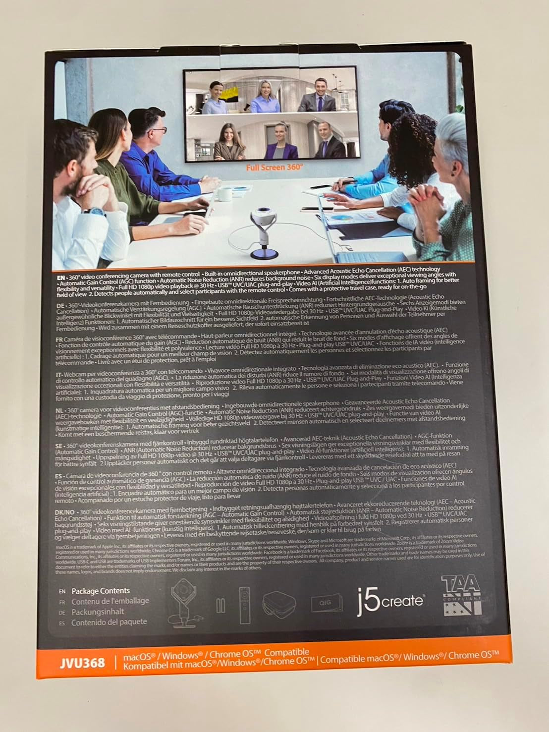 360 All around Ai-Powered Conference Room Camera with Speakerphone, Smart-Tracking, Auto-Framing, Include a Remote Control (JVU368)