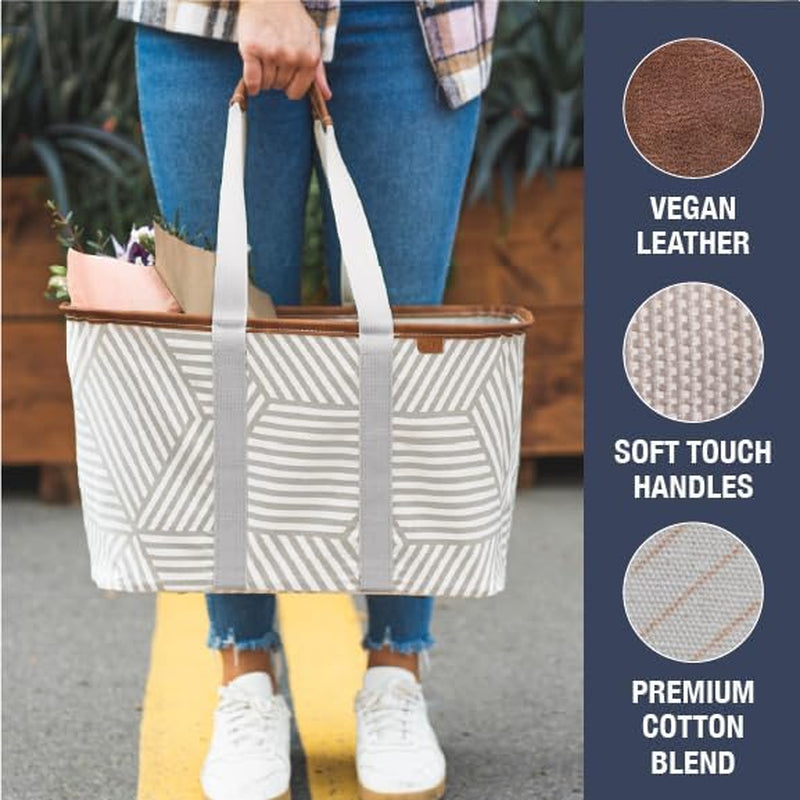 Collapsible LUXE Tote, Geometric Taupe - 30L (8 Gal) Structured Tote Bag with Handles and Reinforced Bottom - Reusable Grocery Bag, Shopping Bag, Utility Tote Bag