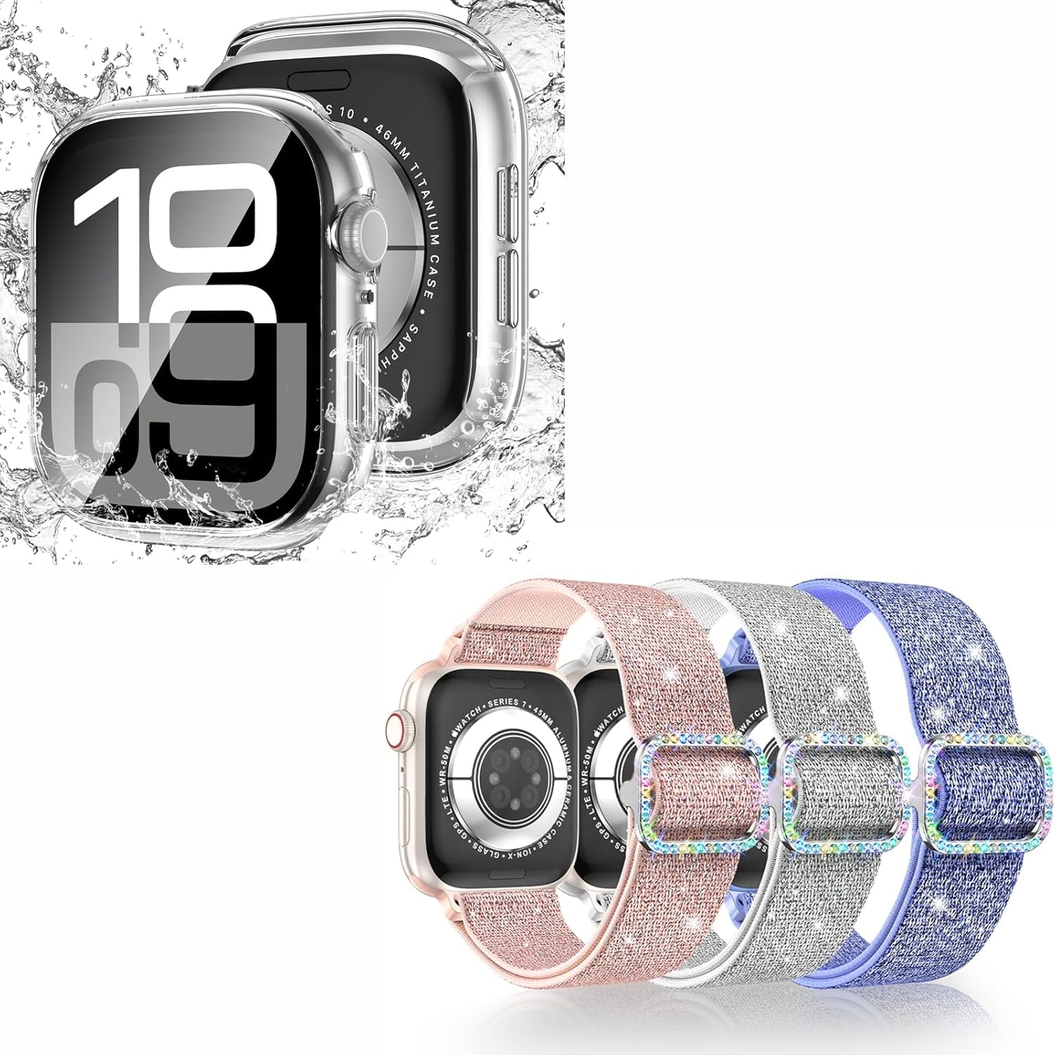 Waterproof Case and Glitter Stretchy Bands Compatible with Apple Watch Series 10 42Mm