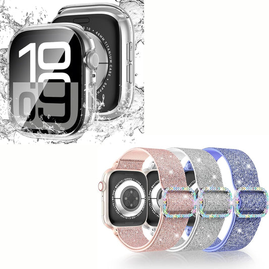 Waterproof Case and Glitter Stretchy Bands Compatible with Apple Watch Series 10 42Mm